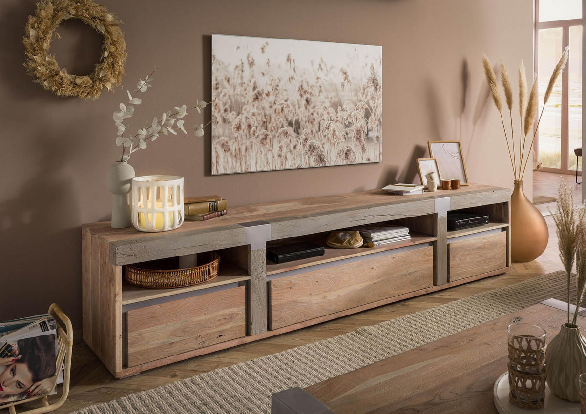 TV-BOARD Akazie 250x48x55 beige lackiert Amsterdam #127 - Beige, Holz (250/55/48cm) - Massivmoebel24