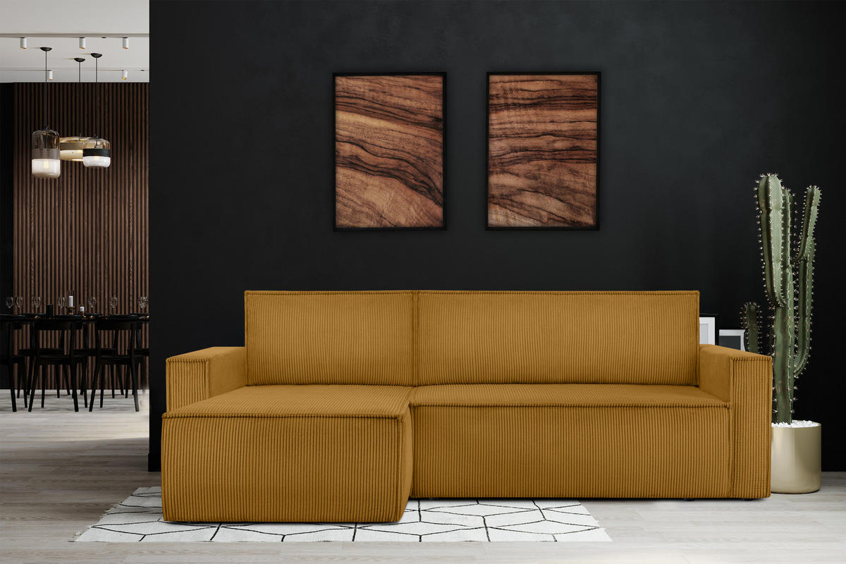 ECKSOFA-LINKS/RECHTS NAPI Schlaffunktion mit Cordbezug, Gelb - Gelb/Schwarz, Textil (246/148cm) - KONSIMO®