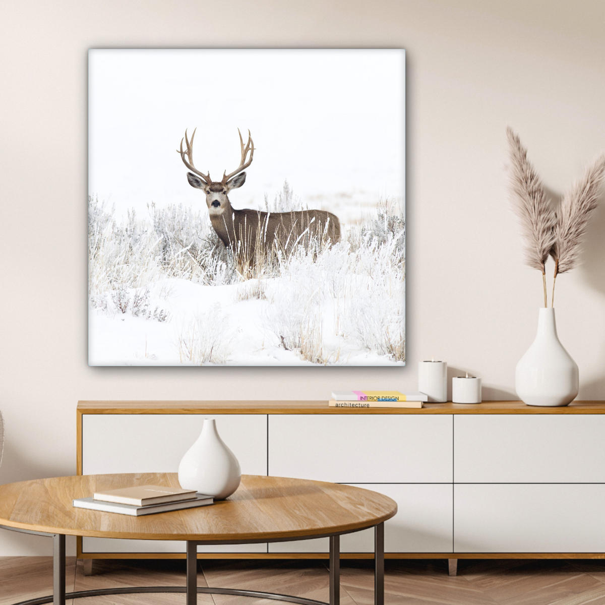 LEINWANDBILD Hirsche - Winter - Schnee - Tiere - Jahreszeiten - Weiß 90x90 cm - Hellbraun, Textil (90/90cm) - MuchoWow