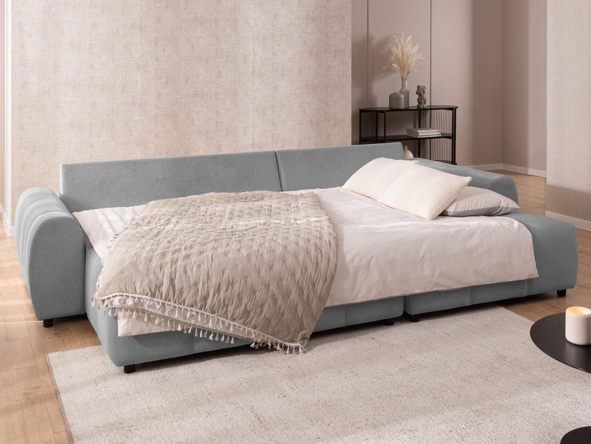 ECKSOFA inkl. Hocker Bubble mit Schlaffunktion und losen Rückenkissen, Sitzfläche Bubble-Optik aus weichem Grau Strukturstoff - Ottomane Rechts - Schwarz/Grau, Holz/Kunststoff (306/180cm) - S-Style Möbel