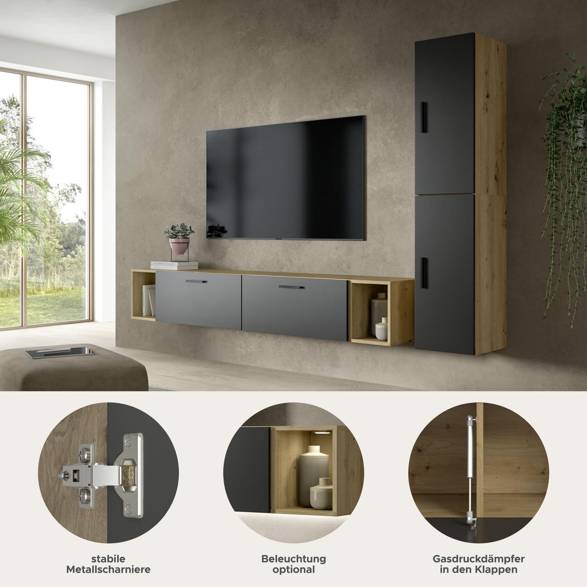 WOHNWAND The One Basalt grau 259/34/182 cm - Braun, Holzwerkstoff (259/182/34cm) - Xonox