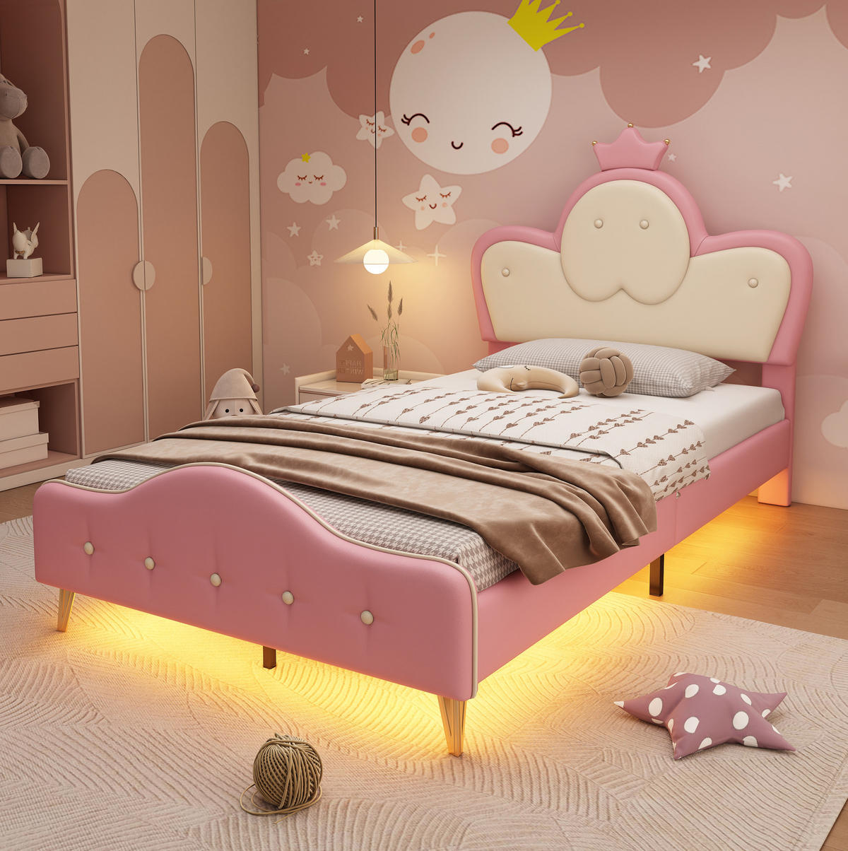 KINDEREINZELBETTEN aus Kunststoff 90x200 cm in Rosa/Weiß mit LED-Lichtleiste - Weiß, Kunststoff (90/200cm) - Modfu