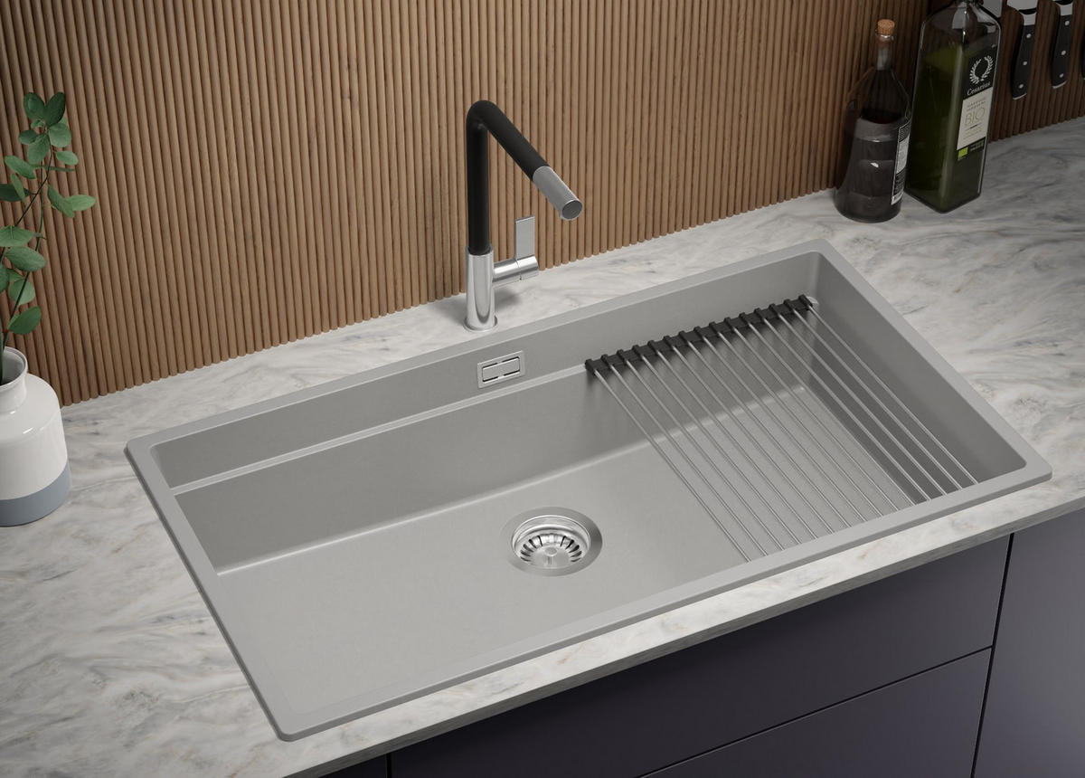 GRANITSPÜLE Praga Slim, 2-er set Grau 86/47 cm 1 Becken + Küchenarmatur 40/20 cm + Ablauf-Set + Aufrollbare Abtropffläche ab 90er Unterschrank - Chromfarben/Grau, Kunststoff (86/20/47cm) - Primagran