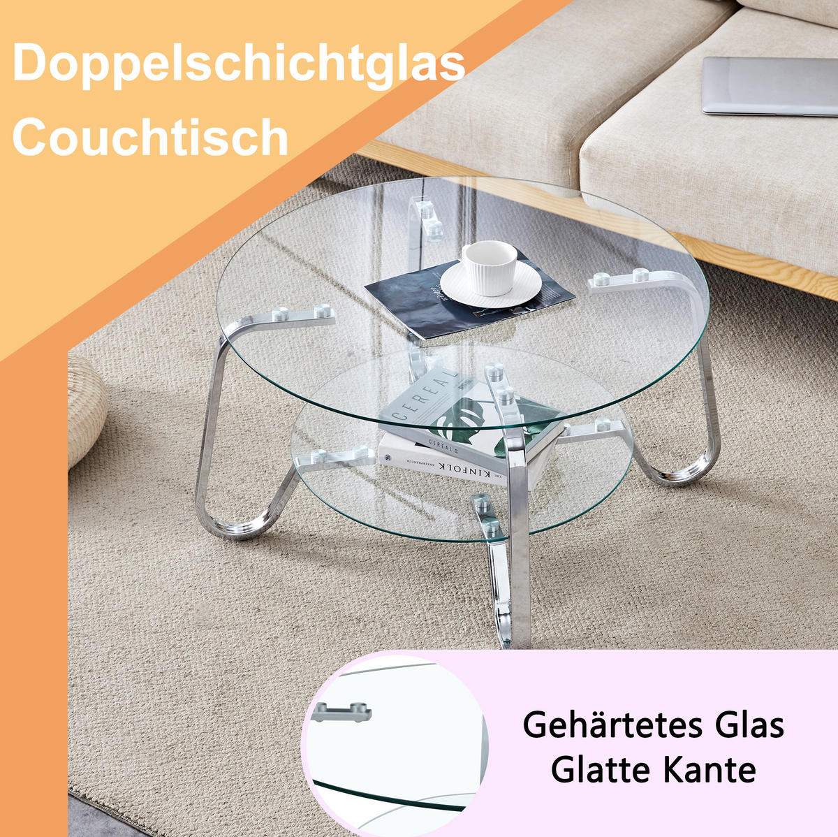 COUCHTISCH 80/80/45 cm 2-stufig mit Glasplatten und Metallgestell, elegante offene Optik, Silber - Silberfarben, Metall (80/80/45cm) - Redom