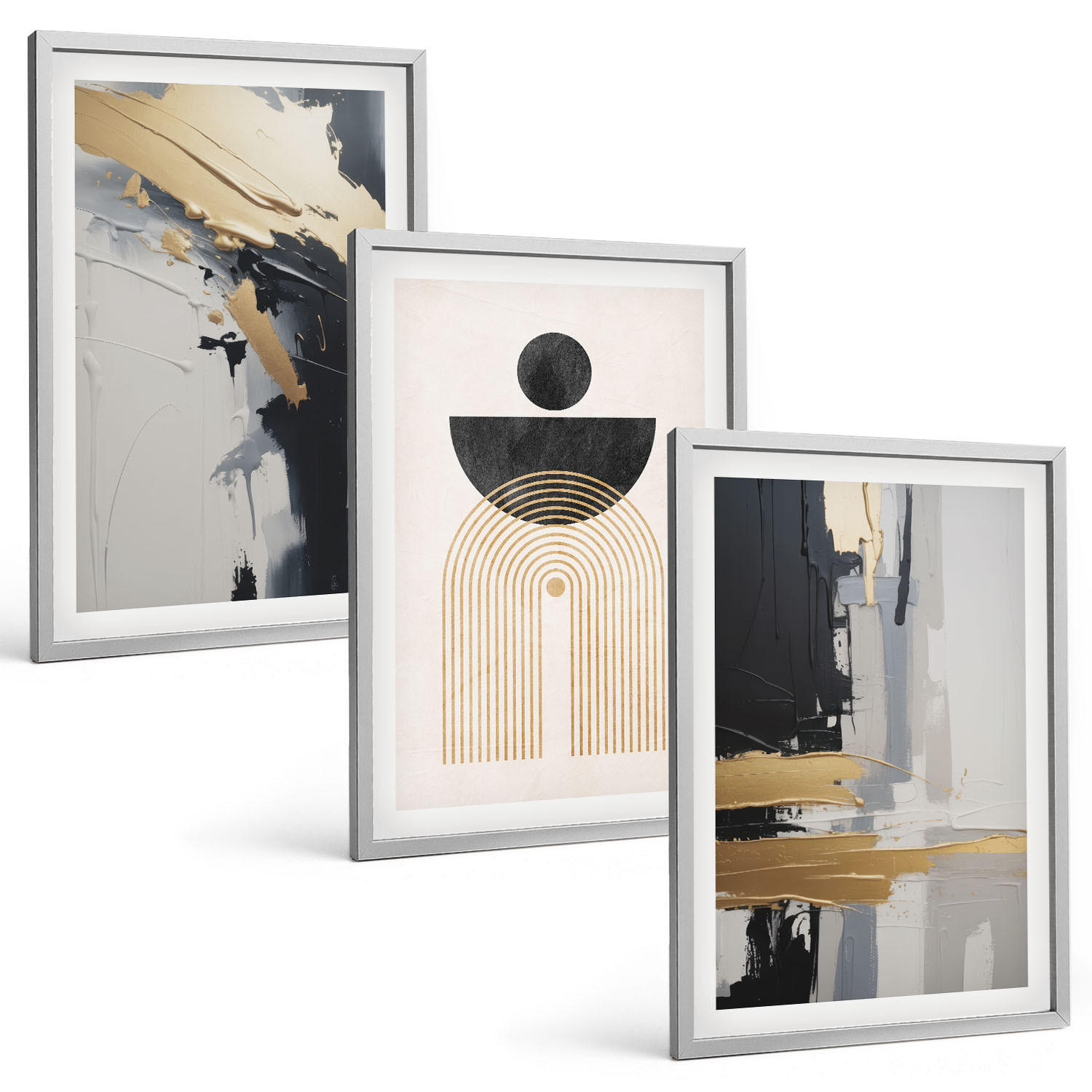 BILDER SET 3er Set - 40x60 cm Silberner Rahmen - Abstrakte Geometrie Eleganz - Silberfarben, Kunststoff (40/60cm) - TULUP