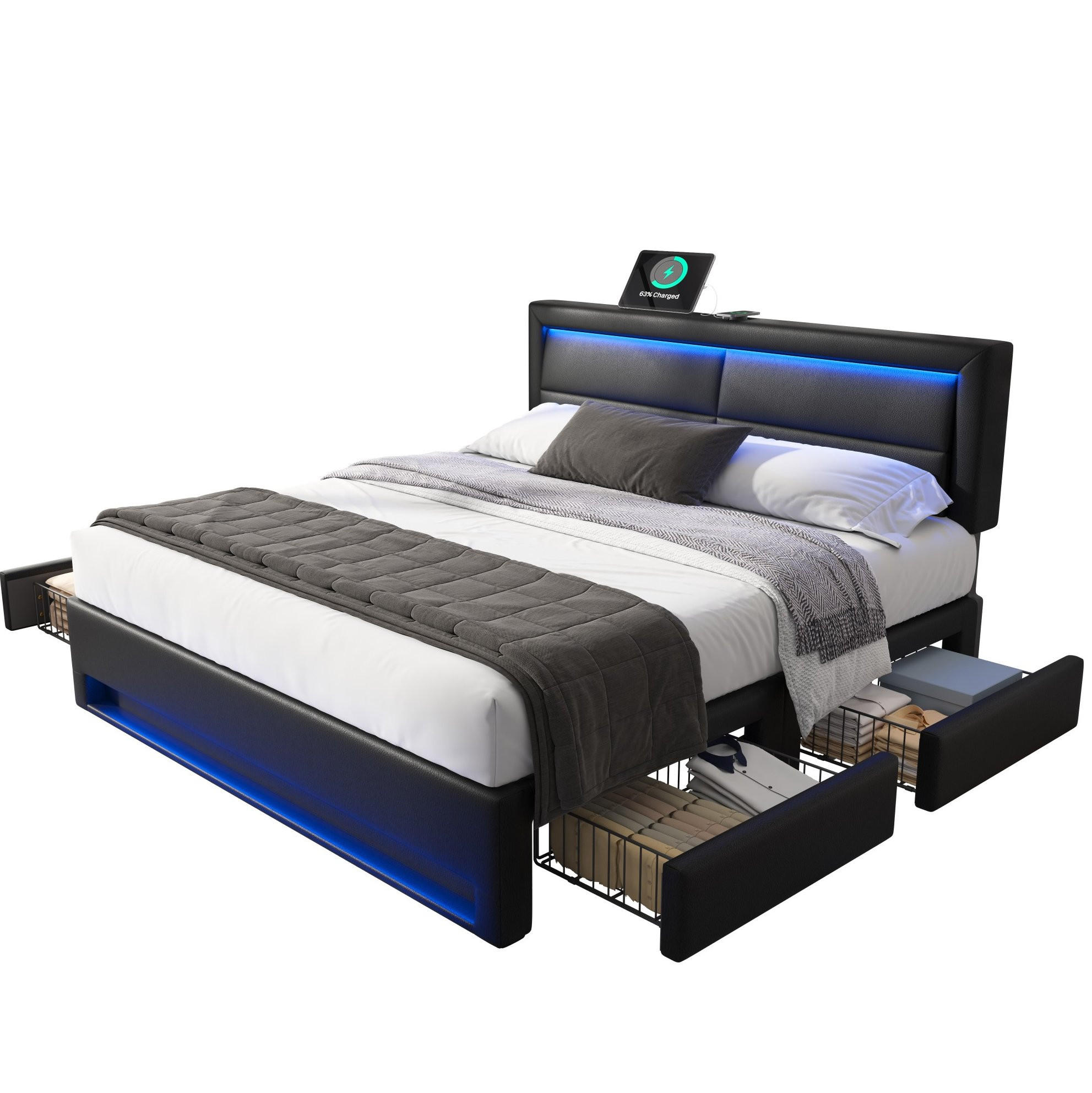 POLSTERBETT 140/200 cm mit LED-Beleuchtung, USB-Anschluss und 4 Schubladen - Schwarz, Kunststoff (140/200cm) - BEAOK