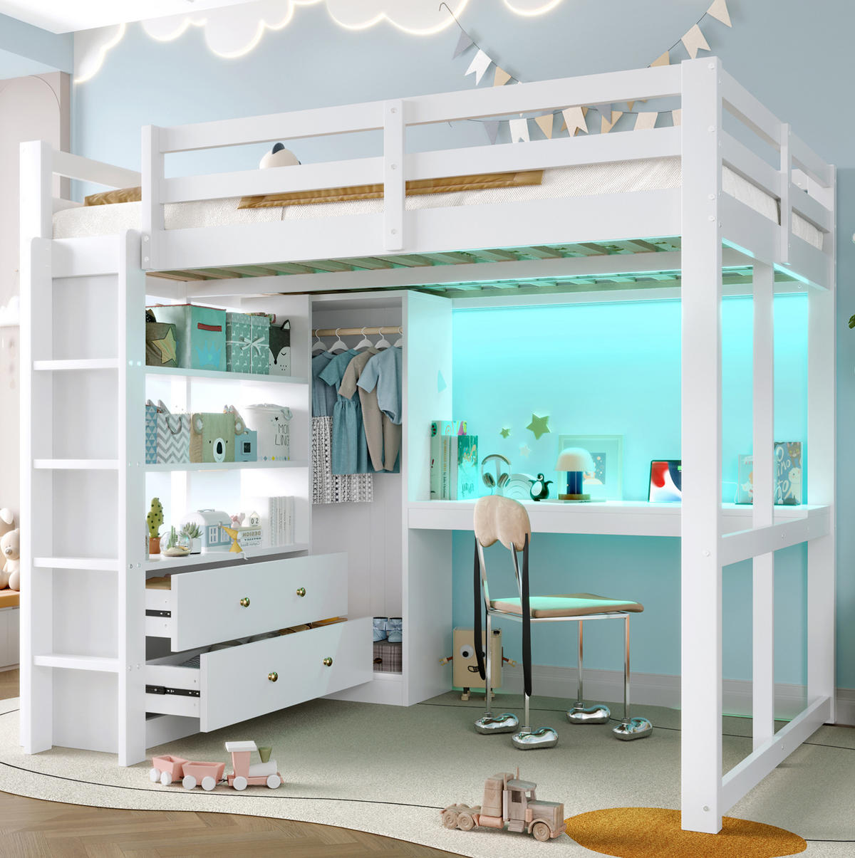 HOCHBETT 140/200 cm aus Kiefernholz und MDF mit Schreibtisch und LED-Beleuchtung Weiß - Weiß, Holz (140/200cm) - Modenvie