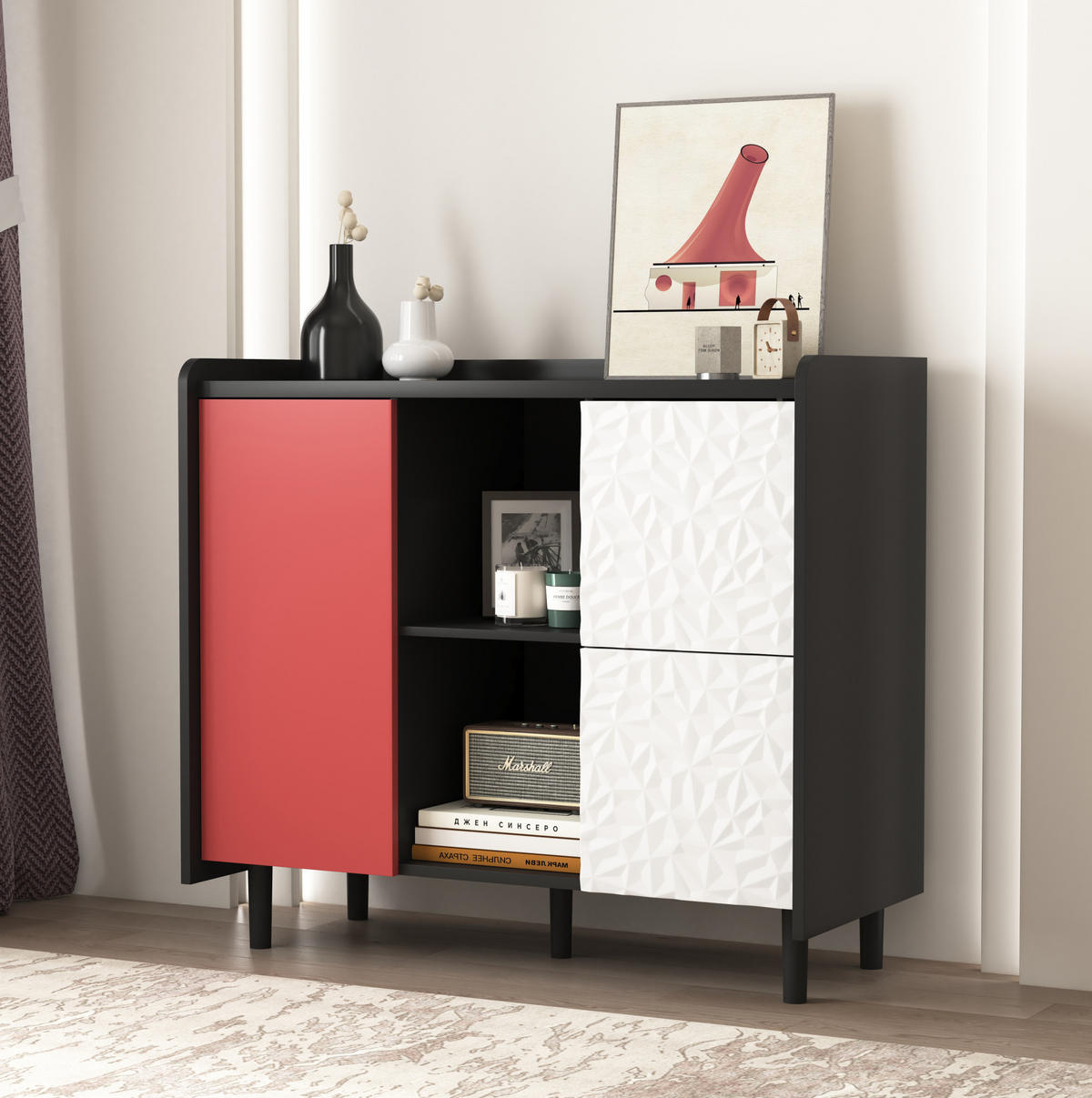SIDEBOARD 90/40/80 cm mit 2 Schubladen & offenen Fächern in Schwarz/Rot - Rot, Holzwerkstoff (90/80/40cm) - BEAOK