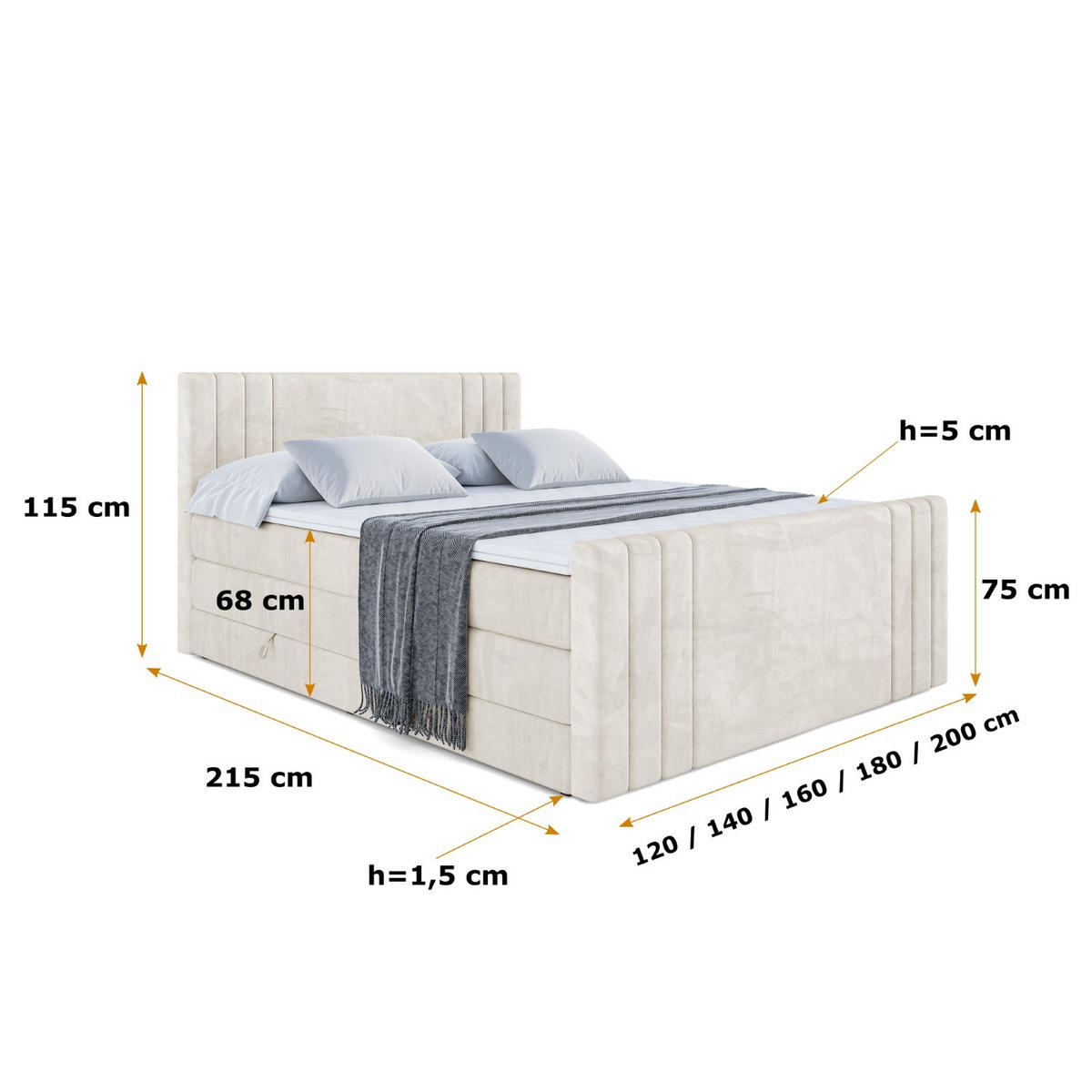 BOXSPRINGBETT IDRIKO-Z KING - 140x200 - H3/H4 - Creme - Creme, Holzwerkstoff (140/200cm) - ALTDECOR