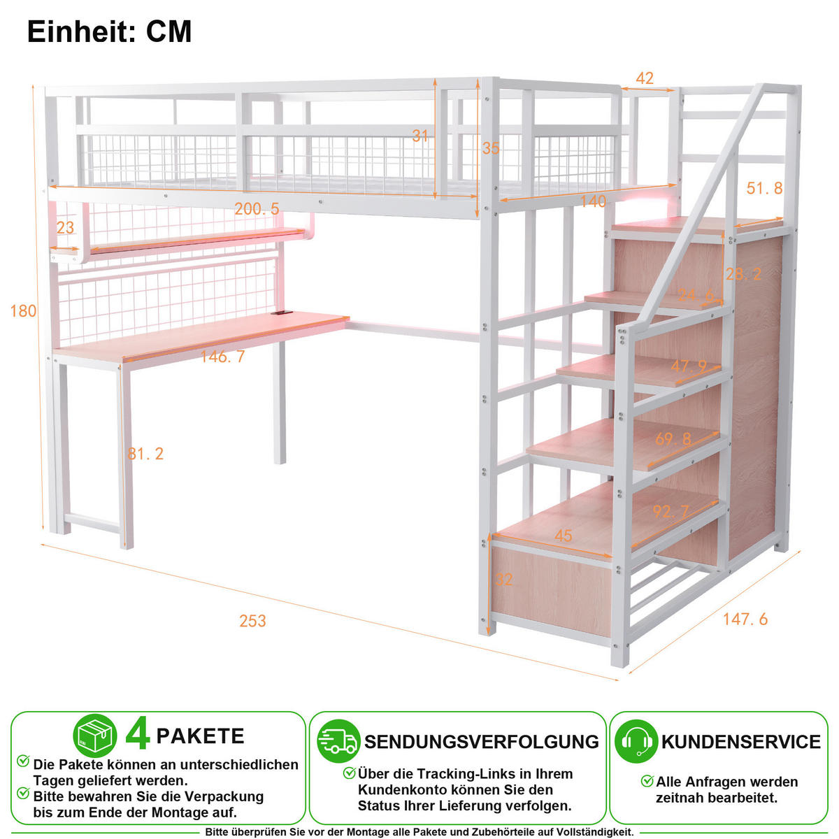 HOCHBETT 140/200 cm in Weiß mit Stauraumtreppe, Tisch, Regal und LED - Weiß, Holzwerkstoff/Metall (140/200cm) - CHICFURN