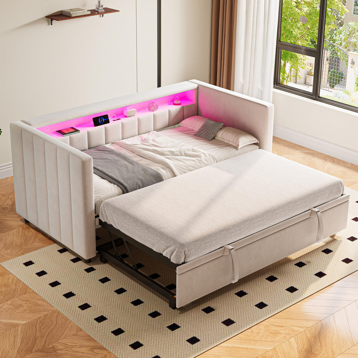 AUSZIEHBETT 90/190 cm DE-03616, mit LED, Samtbezug und Stauraum, in Beige - Beige, Metall (90/190cm) - ComfortXL