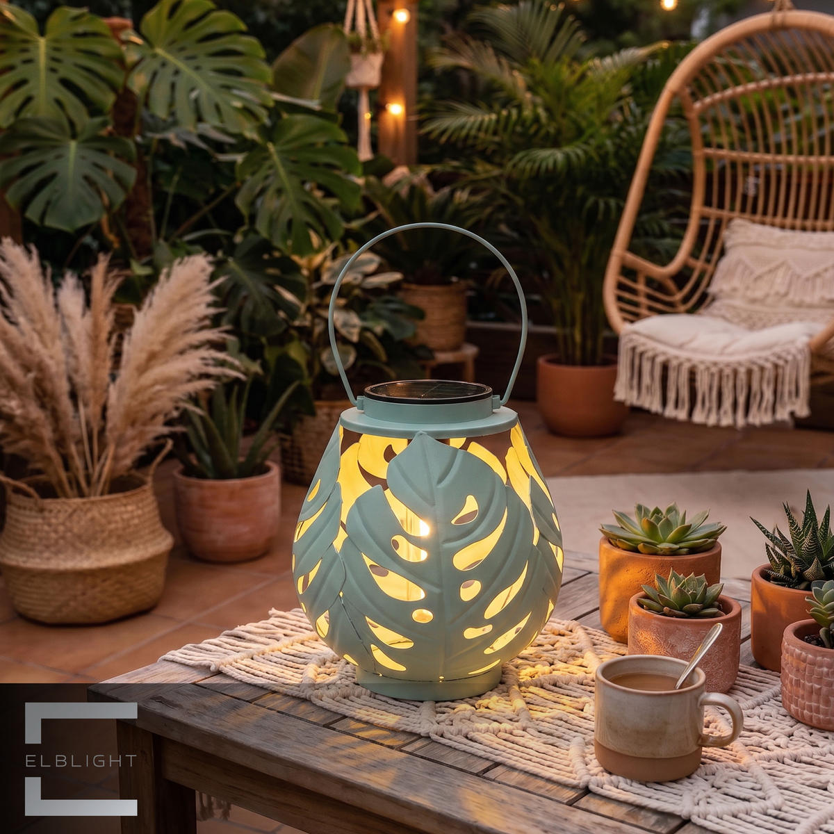 LED-LATERNE Gartenleuchte COB-LED Metall Ø 19 x 22 cm ELBLIGHT Monstera-Blätter - Mintgrün, Metall (19/19/22cm) - Northpoint