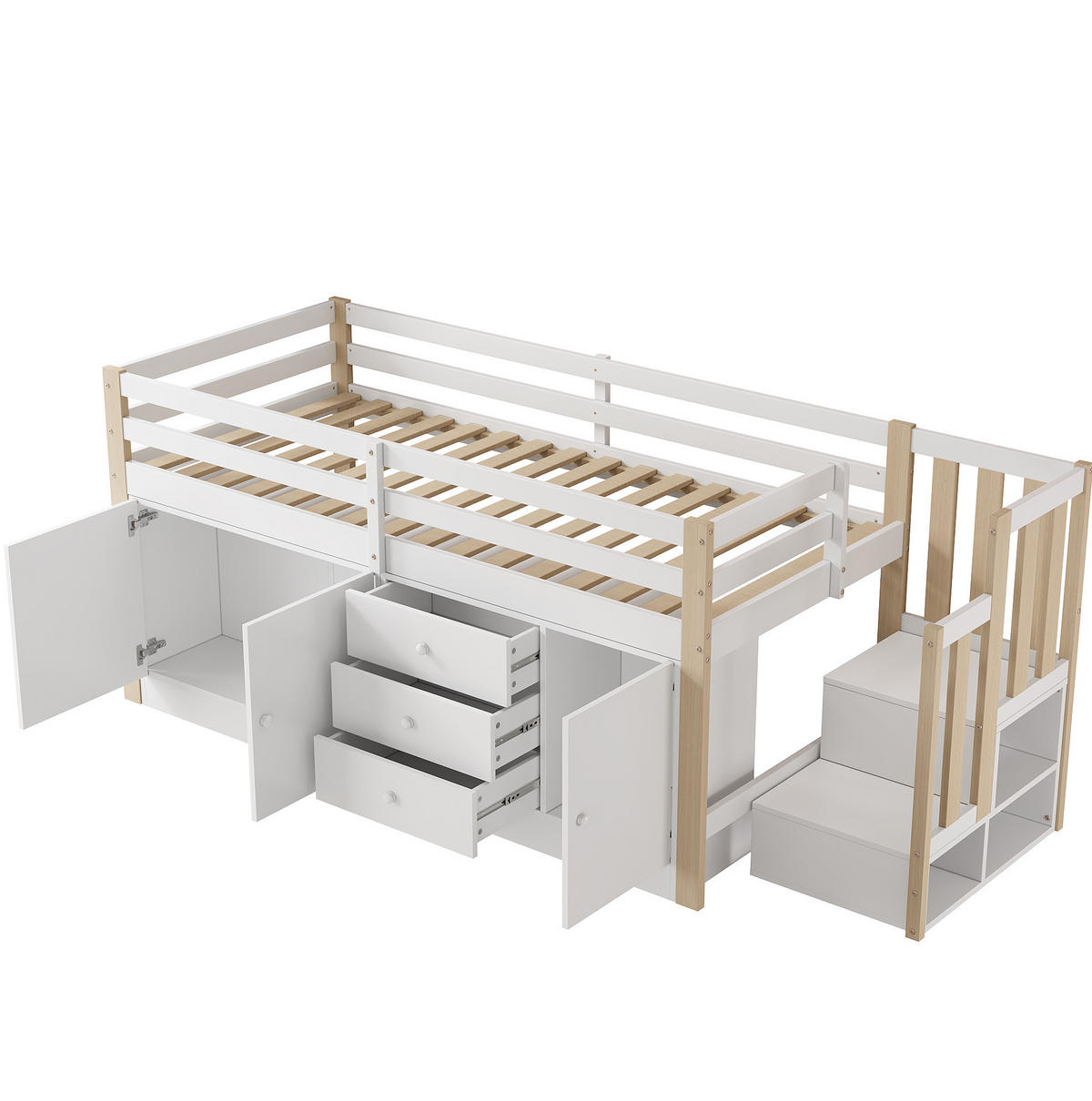 HOCHBETT aus MDF und Massivholz 90x200 cm Weiß mit Stauraumtreppe, Schubladen und Schränken - Weiß, Holzwerkstoff (90/200cm) - IVMEU
