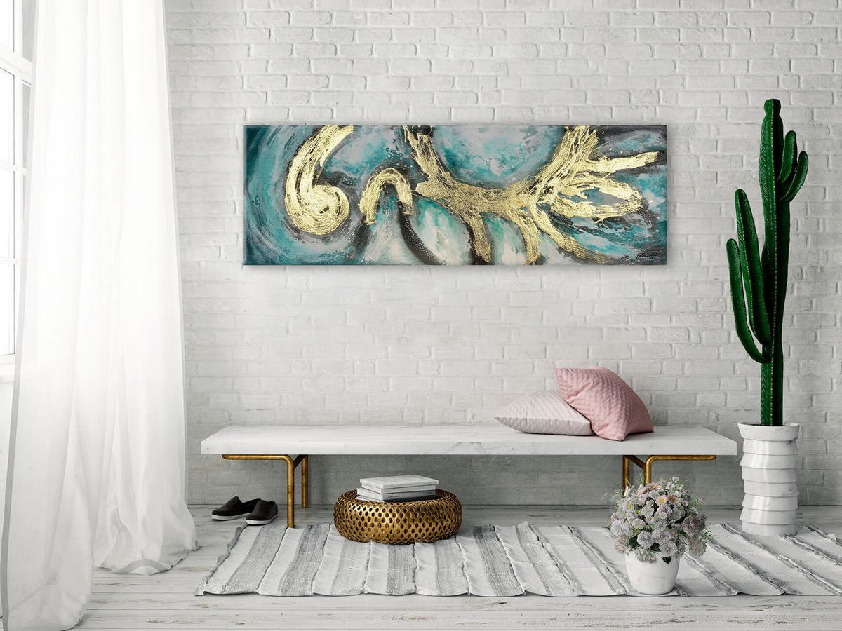 OLEJOMAĽBA 150/50 cm, More a pláž - biela/tyrkysová, drevo/textil (150/50cm) - KUNSTLOFT