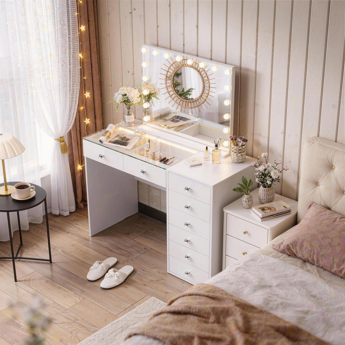 SCHMINKTISCH mit 8 Schubladen 120/55/81 CM und LED Beleuchtung Schminkspiegel Lichtleiste weiß 100/80 cm - Weiß, Holz (55/81/120cm) - VANITII