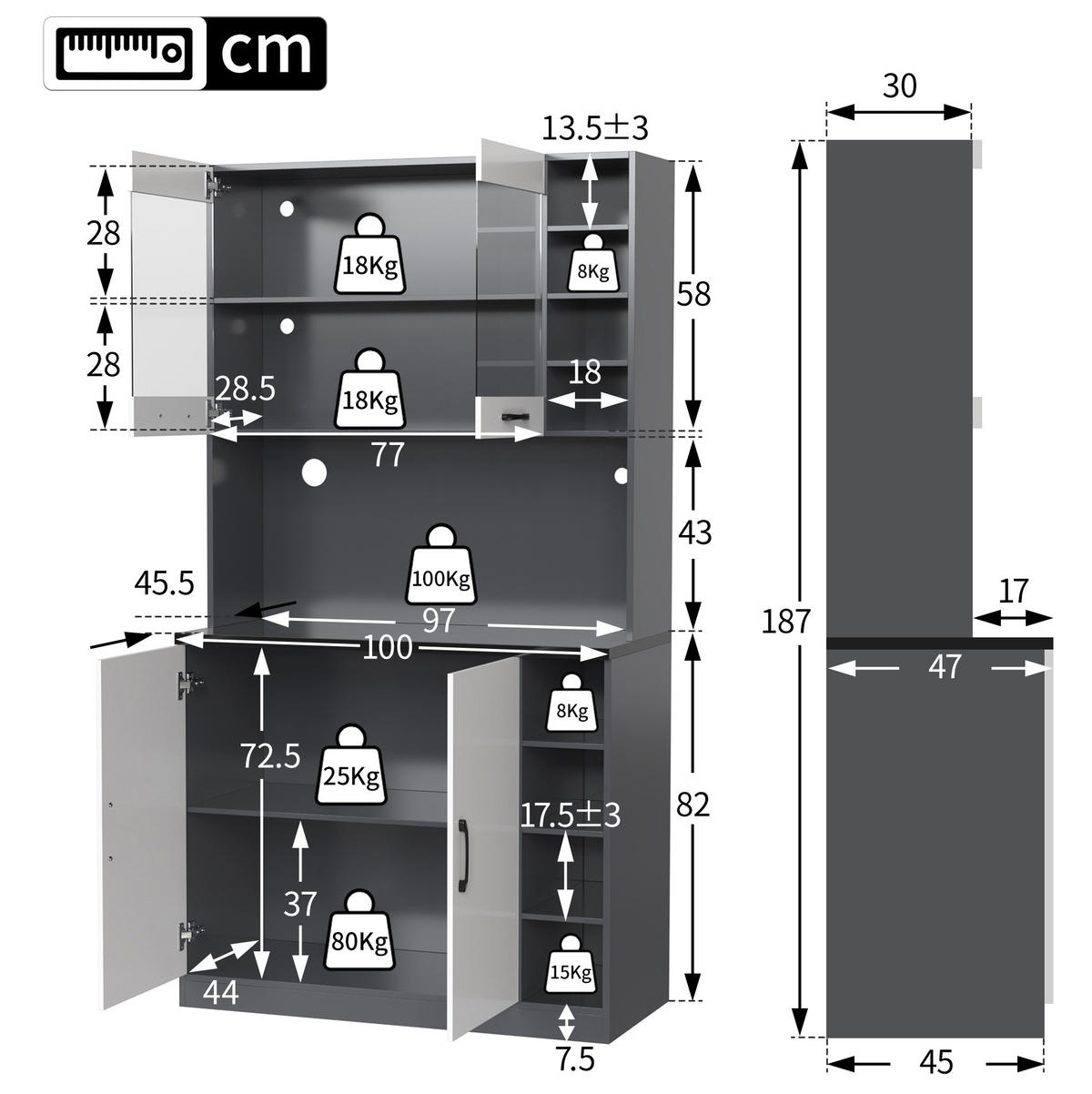 KÜCHENSCHRANK aus MDF 100x47x187 cm Grau/Weiß mit LED-Beleuchtung und Mikrowellenfach - Weiß, Holzwerkstoff (100/187/47cm) - IVMEU