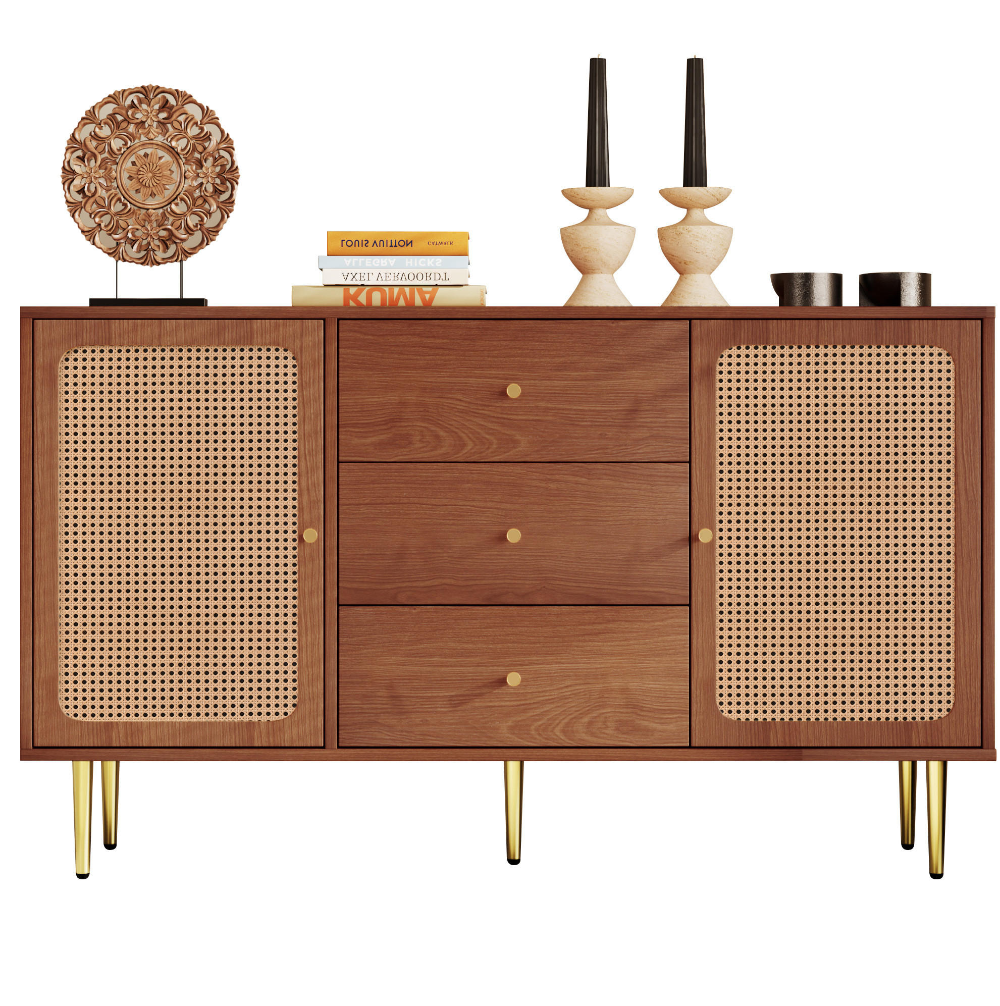 Modfu KOMODA z MDF, dřevotřísky a kovu 150x90x40 cm ořechová se 3 zásuvkami, 2 dvířky a nastavitelnou policí