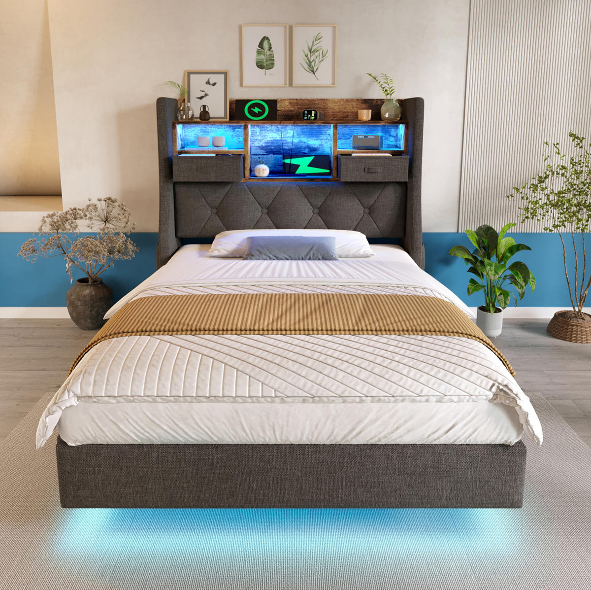 POLSTERBETT mit LED-Beleuchtung 90/200 cm mit USB-C und gepolstertem Kopfteil - Grau, Textil (90/200cm) - BEAOK
