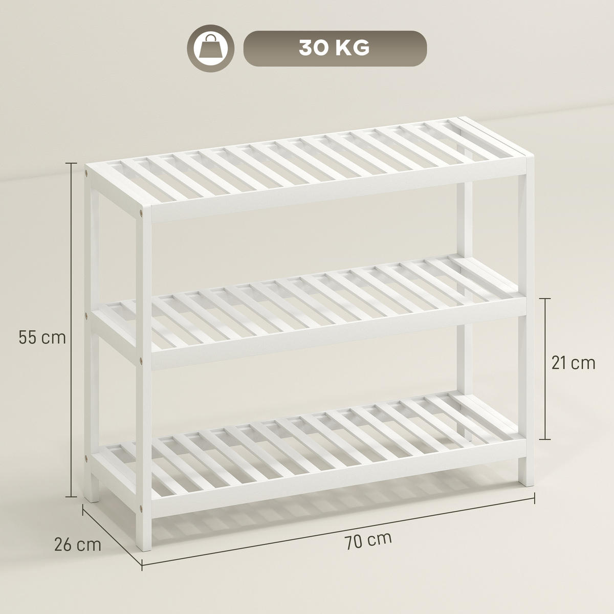 SCHUHREGAL mit 3 Ebenen, Schuhablage aus Bambus, Schuhständer für 9 Paar Schuhe - Weiß, Holz/Bambusholz (26/55/70cm) - HOMCOM