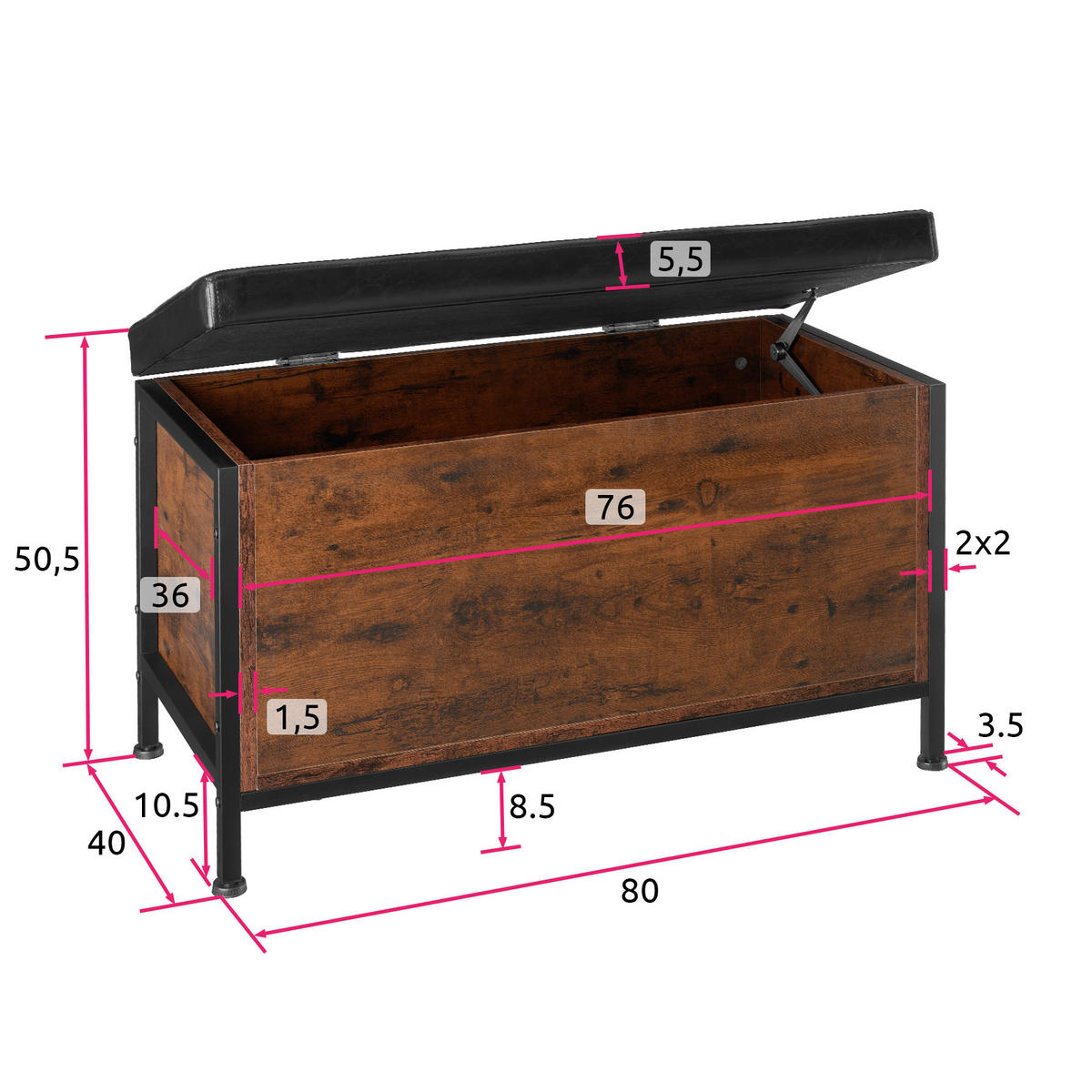 SITZTRUHE Calico,Kunstlederbezug,Industrial Holz dunkel, rustikal - Rostfarben, Holzwerkstoff (41.5/50.5/81.5cm) - tectake
