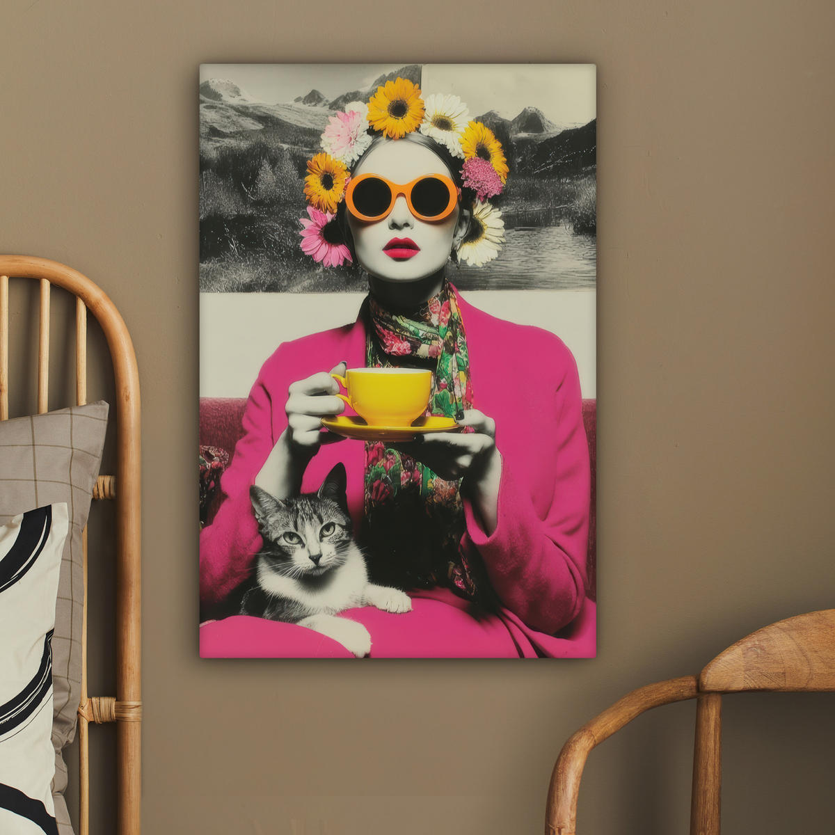 LEINWANDBILD Frau - Katze - Blumen - Tasse - Retro Wanddeko 40x60 cm - Magenta, Textil (40/60cm) - MuchoWow