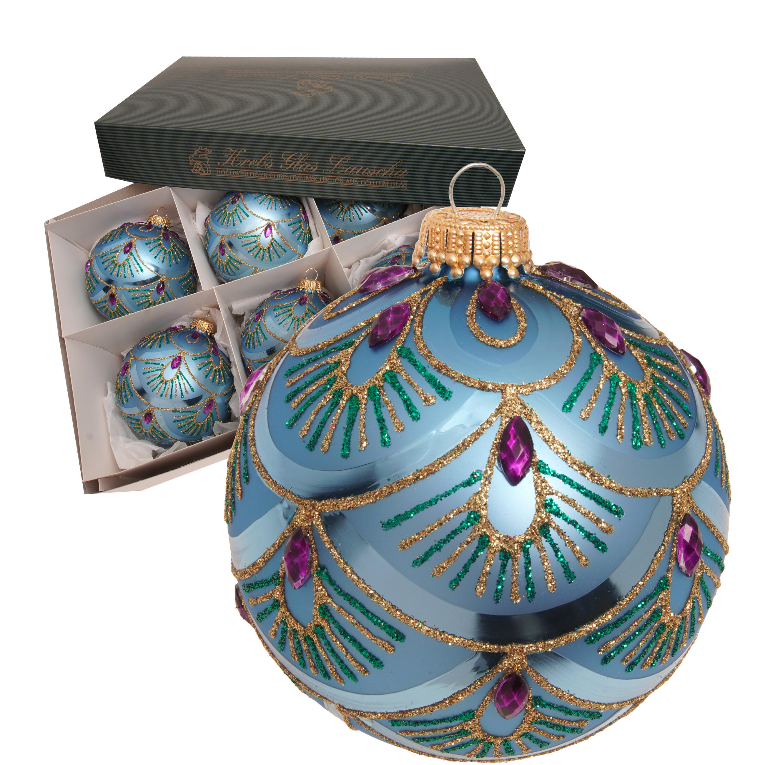 CHRISTBAUMKUGELN Pfaumuster Türkis 8cm (Glas / 6 Stk.) - Türkis, Glas (8/8/8cm) - Krebs Glas Lauscha