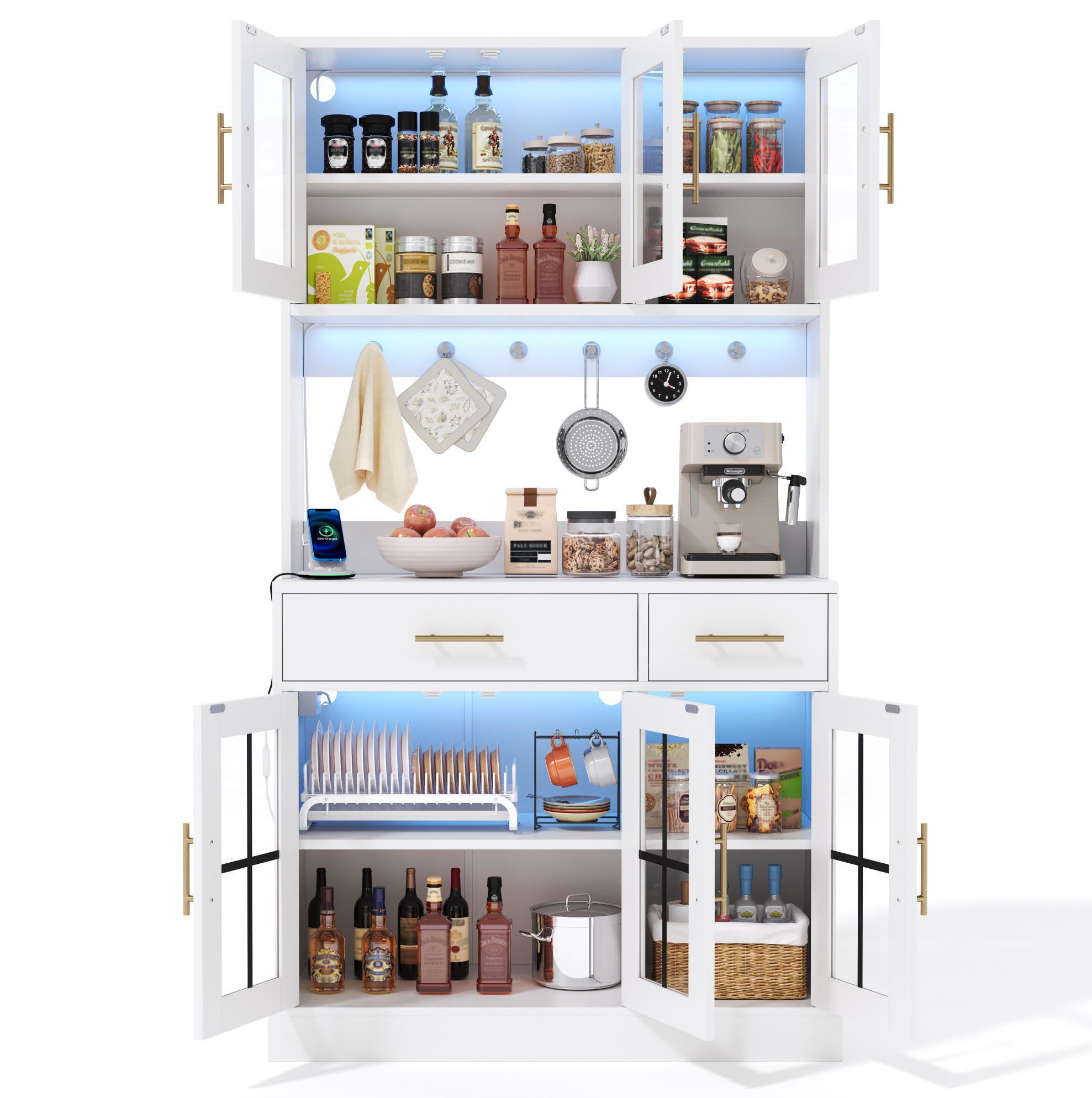 SIDEBOARD 180/100 cm in Weiß mit LED-Beleuchtung, 6 Türen und 2 Schubladen - Weiß, Holzwerkstoff (100/180/40cm) - Flora Grace