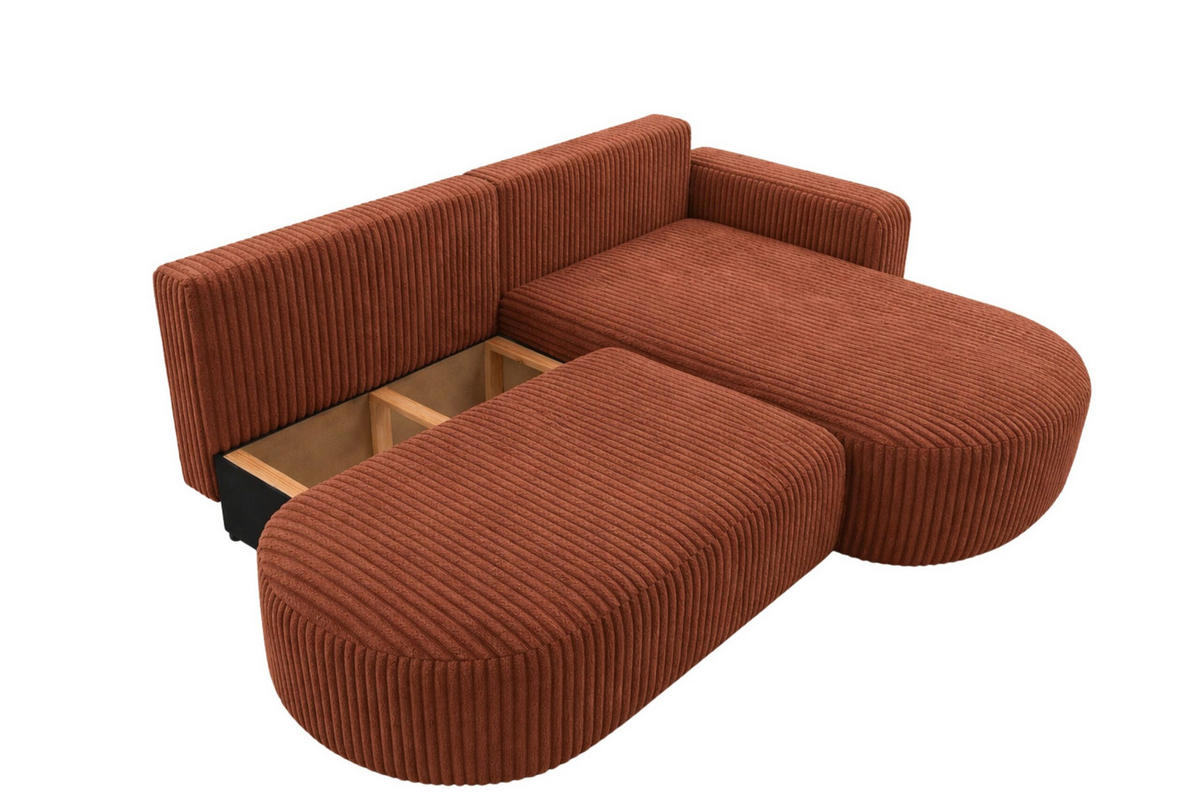 ECKSOFA Mit Schlaffunktion Und Bettkasten, Cordstoff Tilia, Kupfer, Rechts, ROUND ONE OPEN XL - Orange, Holz (262/175cm) - Kaiser Möbel