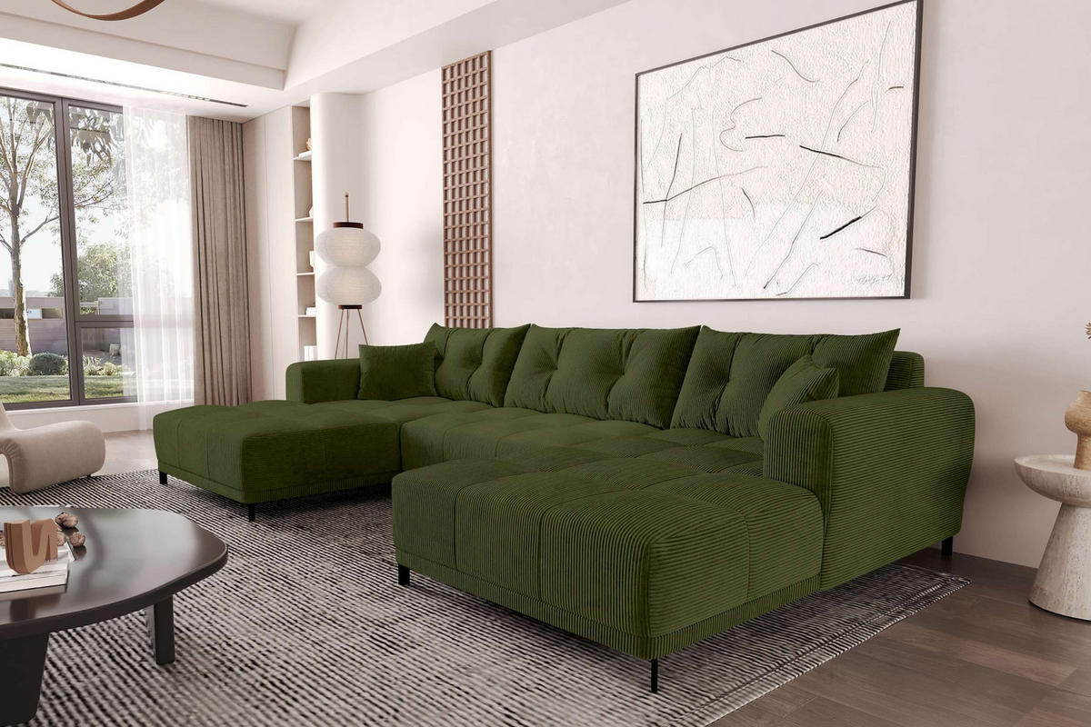 WOHNLANDSCHAFT Massimo Cordstoff Olivgrün inkl. Schlaffunktion - Schwarz/Olivgrün, Textil/Metall (356/94/181cm) - 99rooms