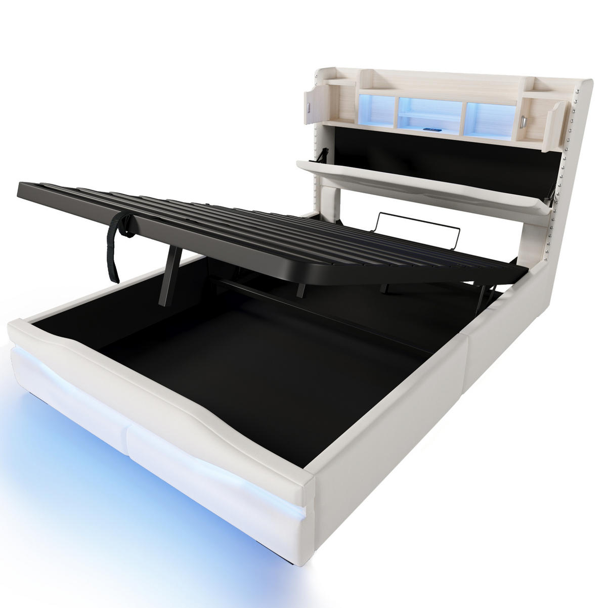 POLSTERBETT mit Stauraum und LED 140x200 cm Leinen Beige - Beige, Metall (140/200cm) - Meubliv