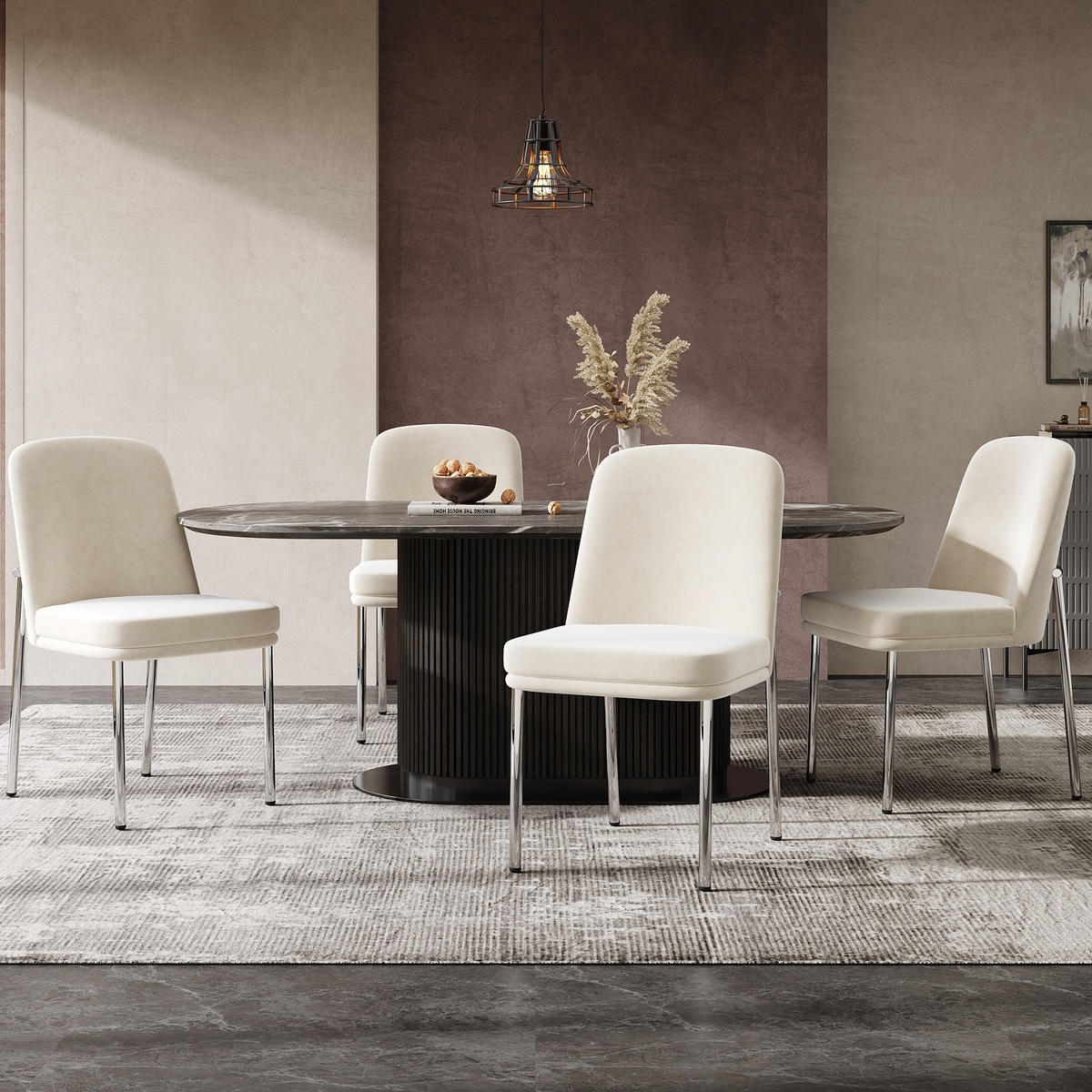 ESSZIMMERSTUHL 4er Set Samt Beige Metallbeine Silber Rahmen - Beige, Textil (53/82/42.5cm) - FLIEKS