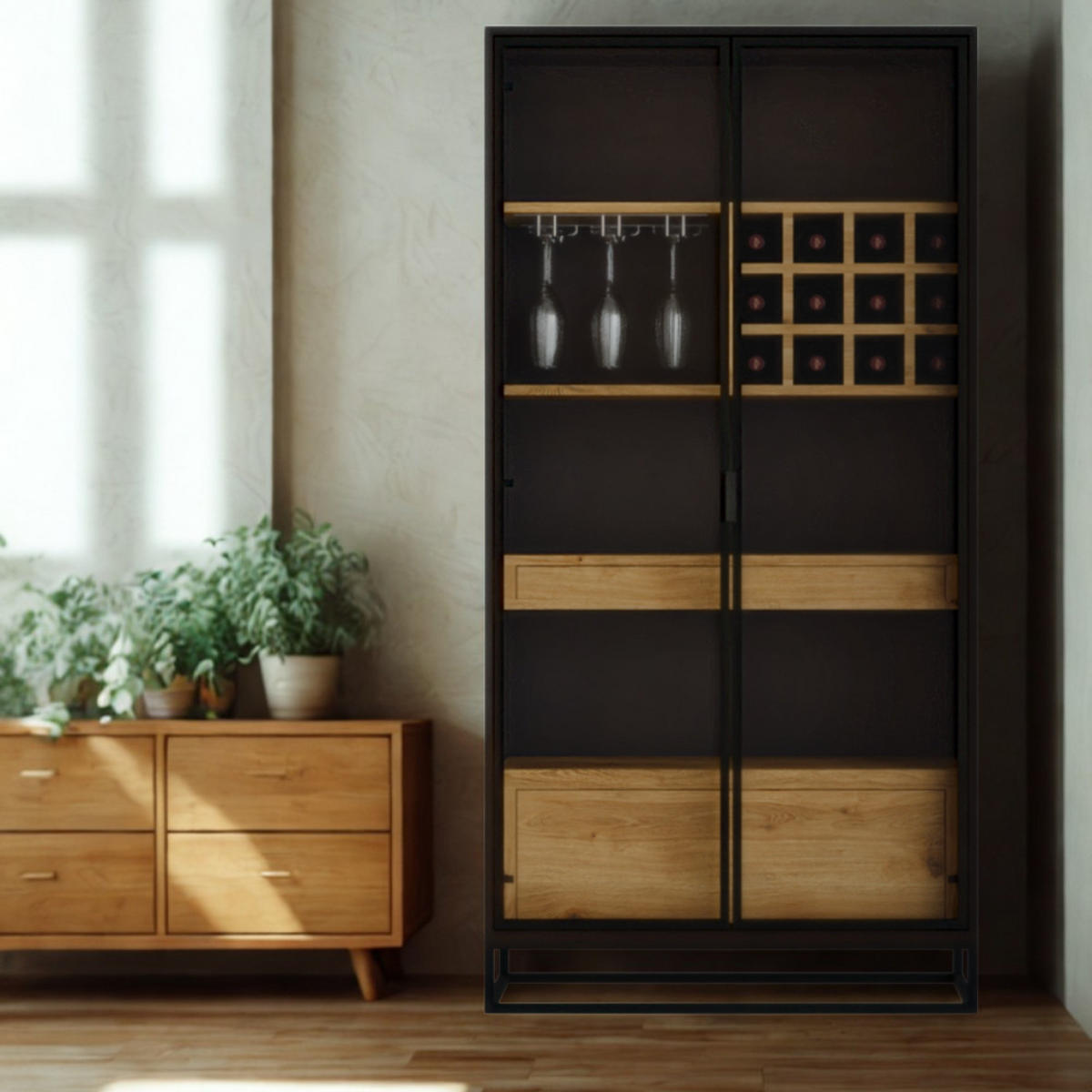 SPIRITUOSENSCHRANK aus Eiche Bar NEMIR I - Eichefarben, Holz (100/200/45cm) - Rawood Furniture