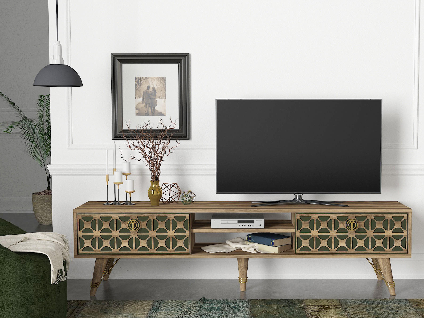 TV-LOWBOARD Valente Walnuss Dunkelgrün - Dunkelgrün/Goldfarben, Holzwerkstoff/Kunststoff (180/46.2/29.5cm) - moebel17