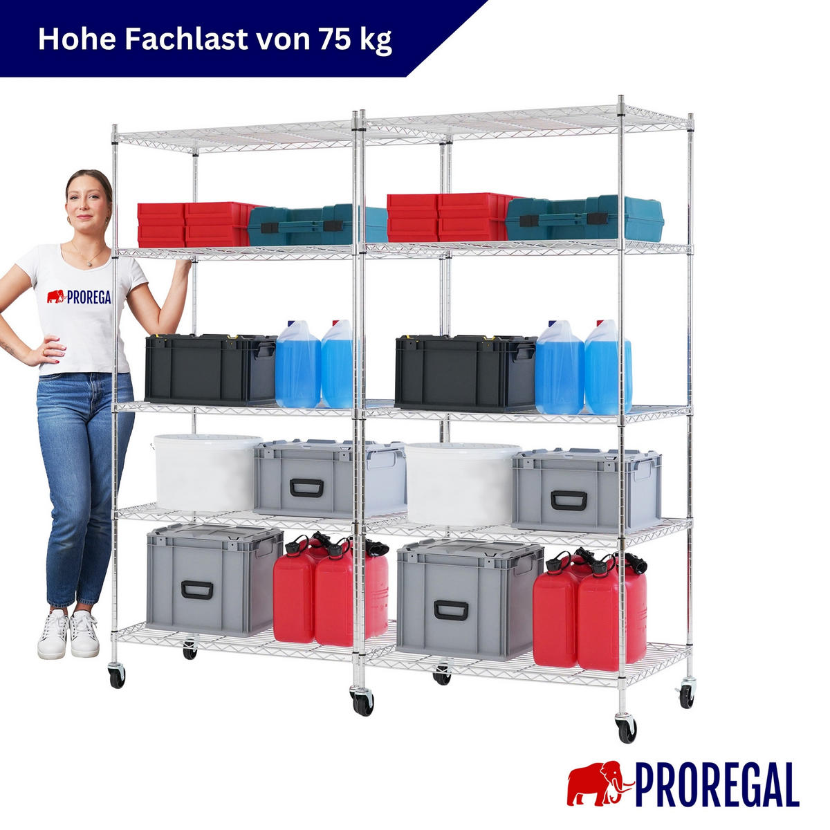 GITTERREGAL 2er - Set HADES mit Rollen & 5 Gitterböden Metall 180x90x60cm Silber - Silberfarben, Metall (90/180/60cm) - PROREGAL