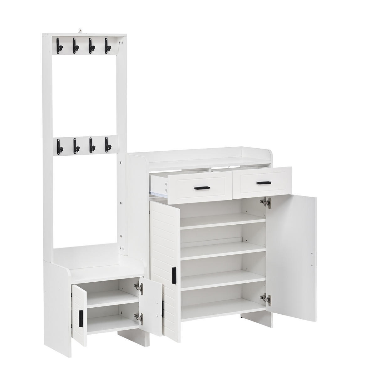 GARDEROBE-SET Schuhschrank 8 Haken 6 Ablagen Weiß - Weiß, Holzwerkstoff (125/165/32cm) - FLIEKS