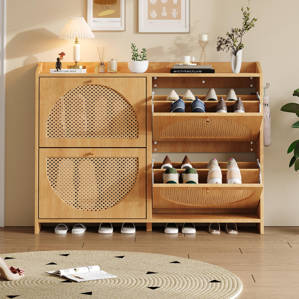 SCHUHSCHRANK in Naturfarben mit 4 Kipptüren mit 8 Fächern für Flur, B120/T24/H90 cm - Naturfarben, Holzwerkstoff (120/90/24cm) - STILVORA