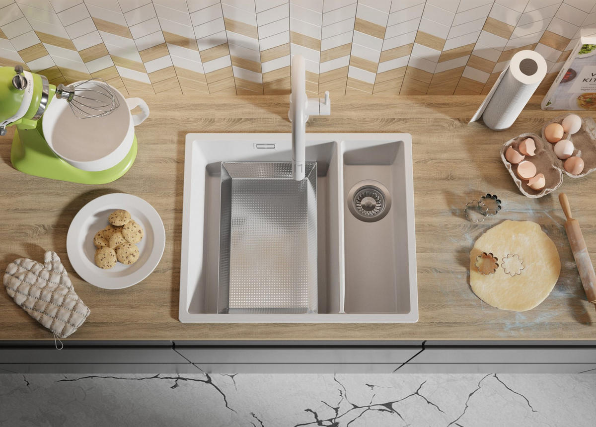 GRANITSPÜLE London Slim Duo, 2-er set Weiß 56/47 cm 1,5 Becken + Küchenarmatur 38/14 cm + Ablauf-Set ab 60er Unterschrank - Chromfarben/Weiß, Kunststoff (56/20/47cm) - Primagran