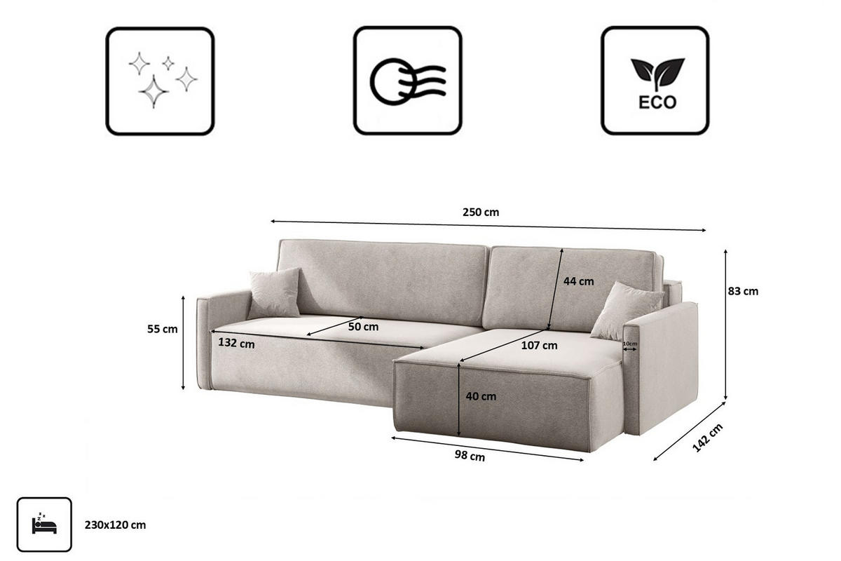 SCHLAFSOFA Carlos L-Form, Ecksofa Mit Bettkasten Und Schlaffunktion Stoff Salvador Rechts Beige - Creme, Holz/Textil (250/83/142cm) - Kaiser Möbel