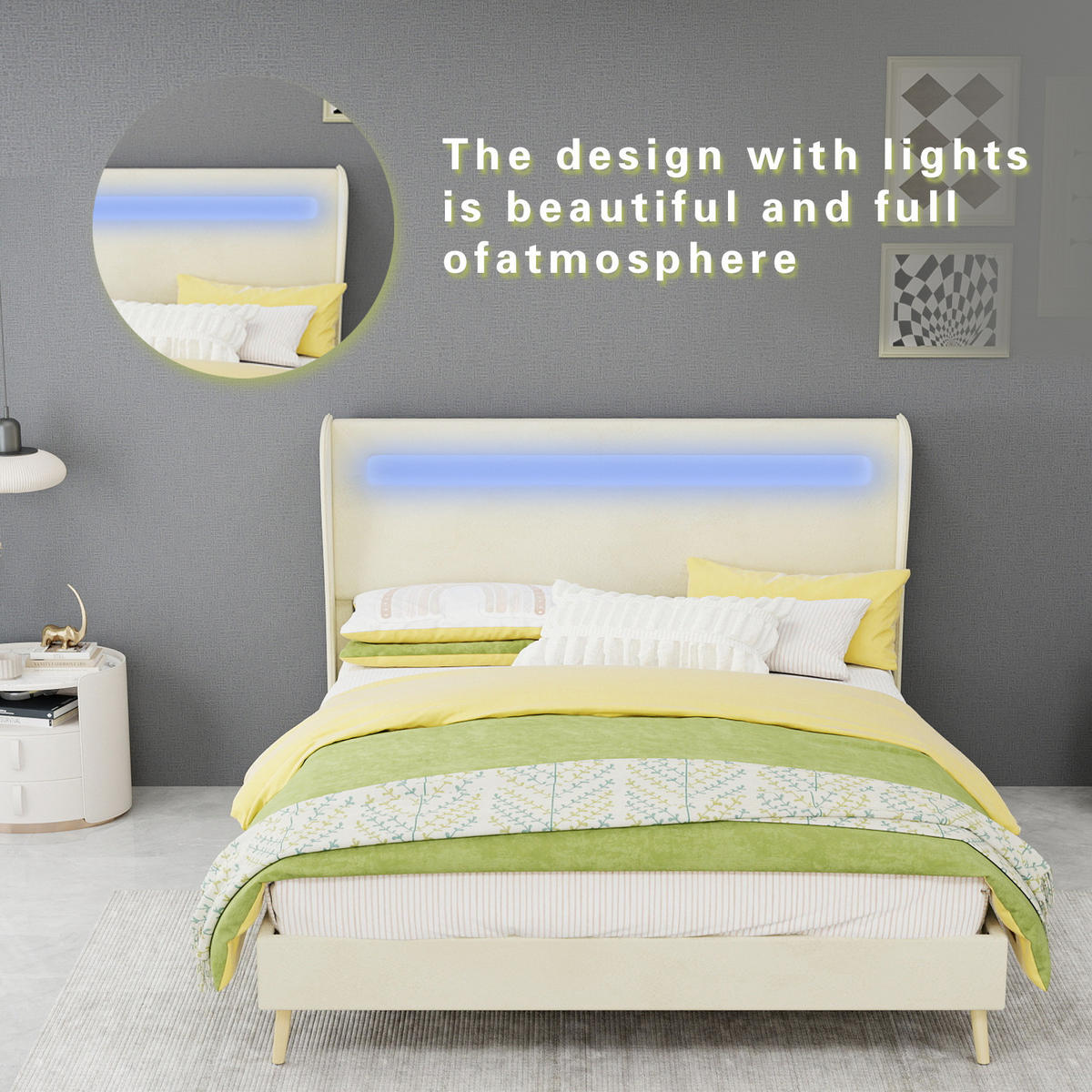 POLSTERBETT 140/200 cm mit LED-Beleuchtung, verstellbarer Rückenlehne und Matratze, Beige - Beige, Textil (140/200cm) - Redom
