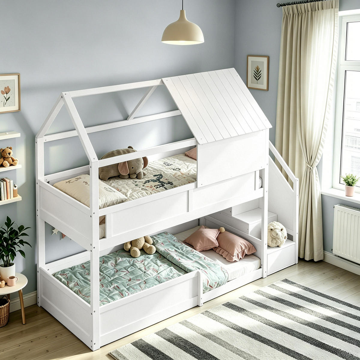ETAGENBETT aus Massivholz 80x200 cm Weiß mit Treppe, Dachdesign und Sicherheitsgeländer - Weiß, Holz (80/200cm) - Modfu