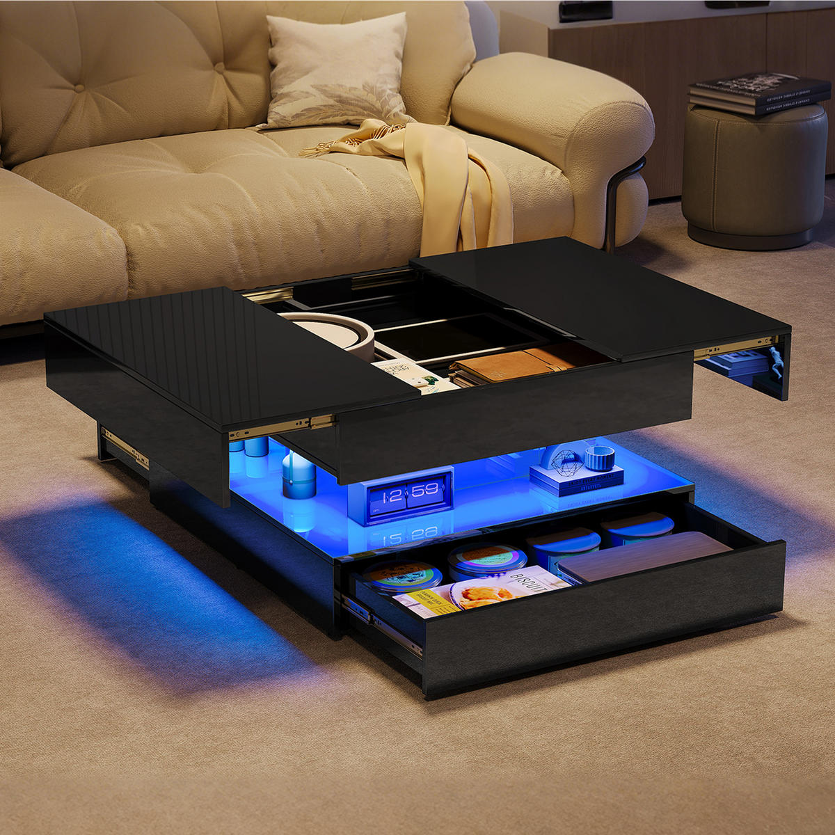 LED-COUCHTISCH Hochglanz Schwarz mit Stauraum & RGB-Beleuchtung - Schwarz, Holz (78/78/43cm) - SHOPENTRA