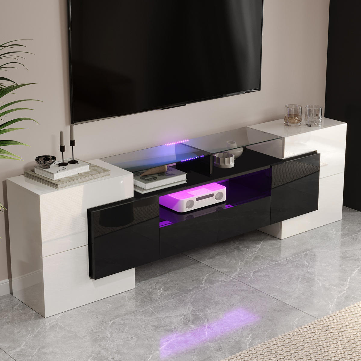 TV-ELEMENT mit LED 200 x 35 x 60 cm Weiß Schwarz - Schwarz, Holzwerkstoff (35/60/200cm) - Beauniv