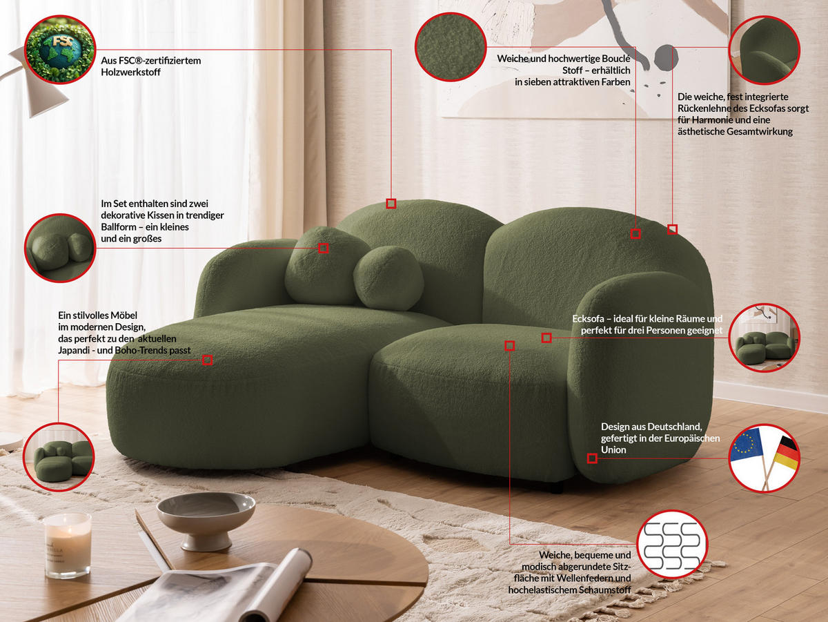 ECKSOFA Nuvola mit abgerundetem Design Grün Bouclé-Stoff - Ottomane Links - Schwarz/Grün, Holz/Kunststoff (190/146cm) - S-Style Möbel