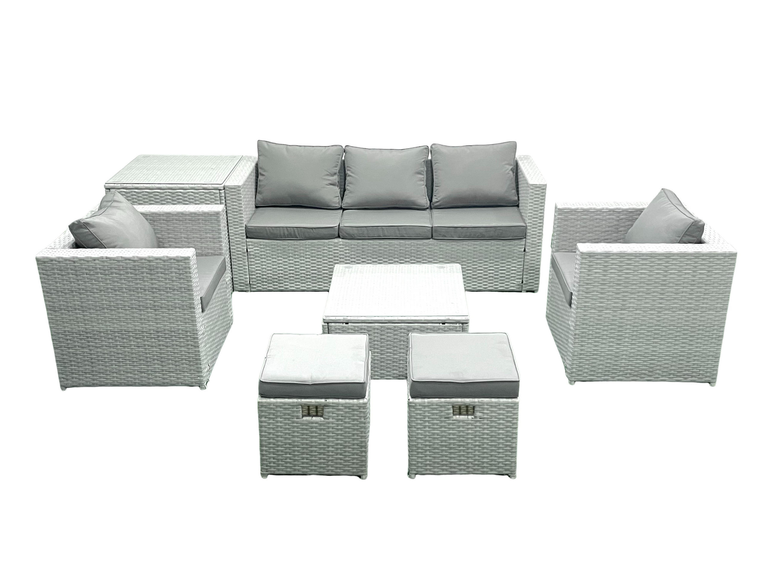 GARTENMÖBEL-SET mit Kissen Polyrattan Hellgrau-Mix 7-Sitzer - Hellgrau/Grau, Glas/Kunststoff - Fimous