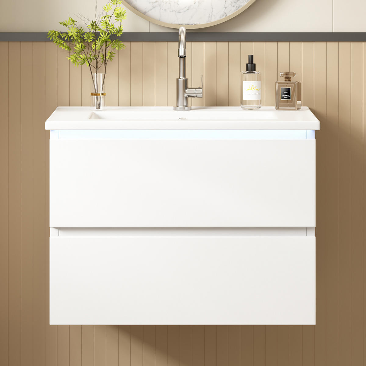 WANDHÄNGENDER 61x46x45 cm Weiß aus Keramik & Spanplatte mit Radarsensor-LED & 2 Schubladen - Weiß, Holzwerkstoff (61/45/46cm) - Modfu