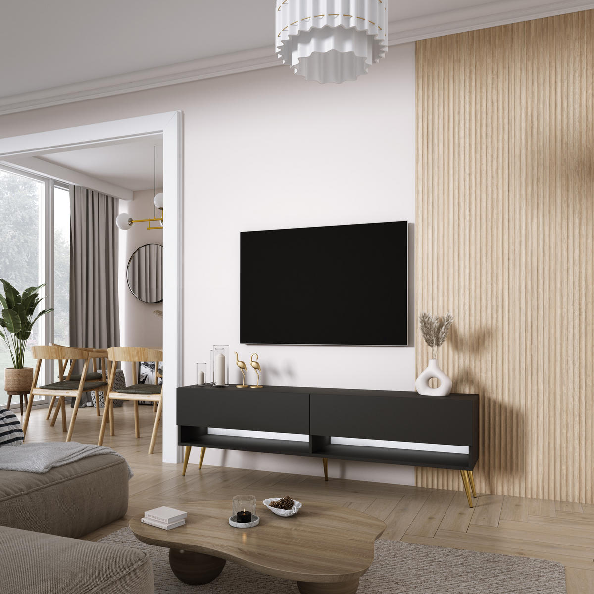 TV-LOWBOARD 170 cm Mattschwarz, goldene schräge Beine, weiße LED, 170 × 32 × 52 cm - Schwarz, Holzwerkstoff (170/52/32cm) - 3XE LIVING
