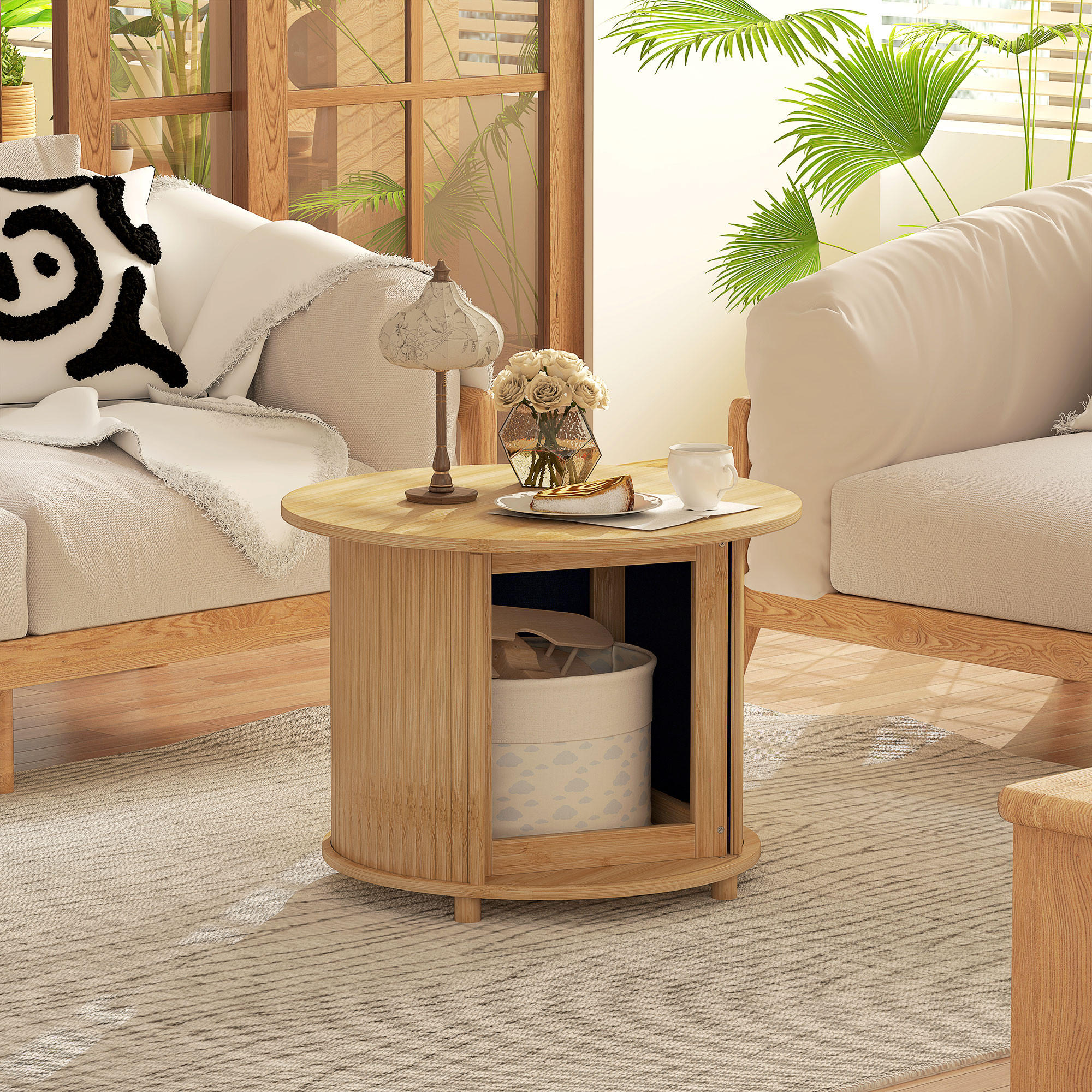 COUCHTISCH Wohnzimmertisch aus Bambus mit verstecktem Stauraum und Schiebetür - Naturfarben, Naturmaterialen/Bambusholz (60/60/45cm) - HOMCOM