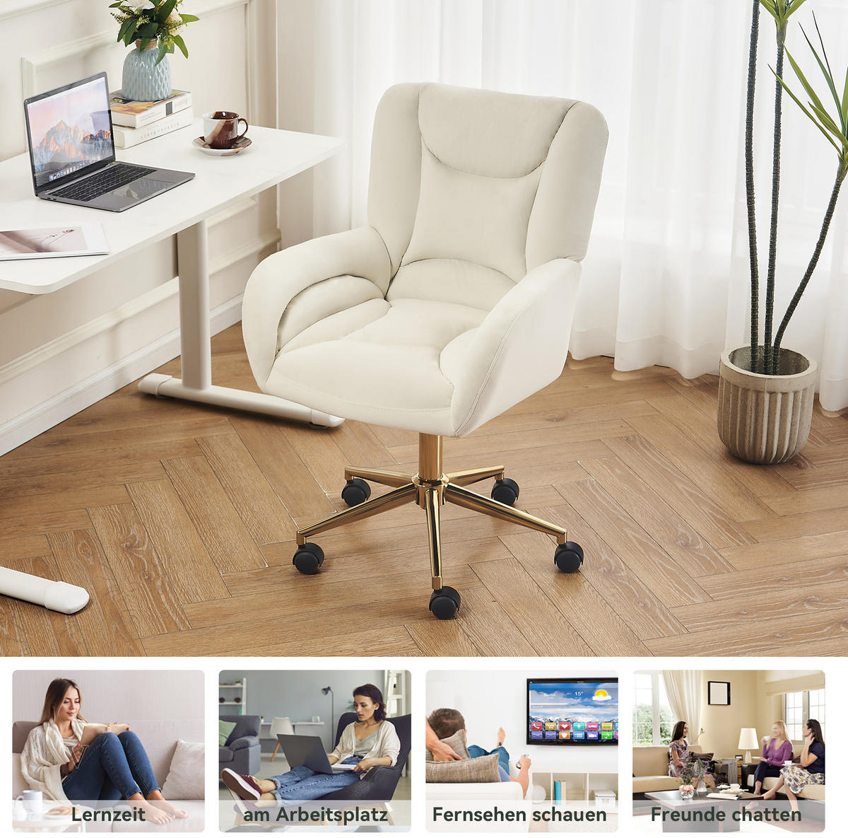 DREHSTUHL Samt mit höhenverstellbarem Sitz und Rollen 64/62/92.5 cm Beige - Beige, Textil (62/92.5/64cm) - Redom