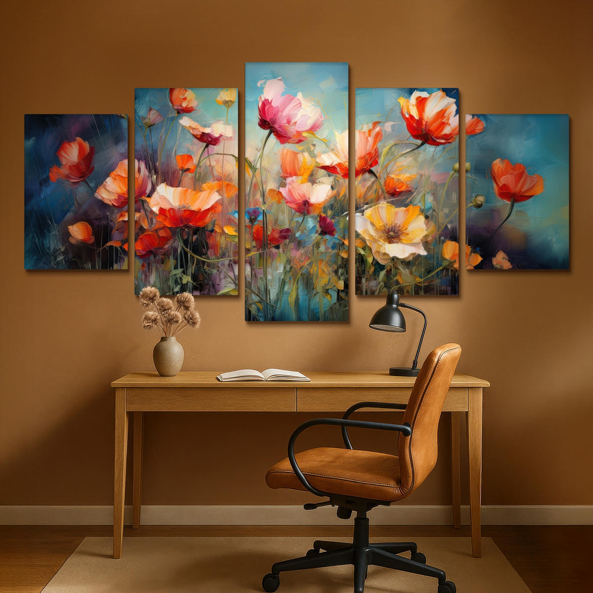 LEINWANDBILD 5er Set Blumen - Bunt - Abstrakt 200x100 cm - Blaugrau, Textil (200/100cm) - MuchoWow