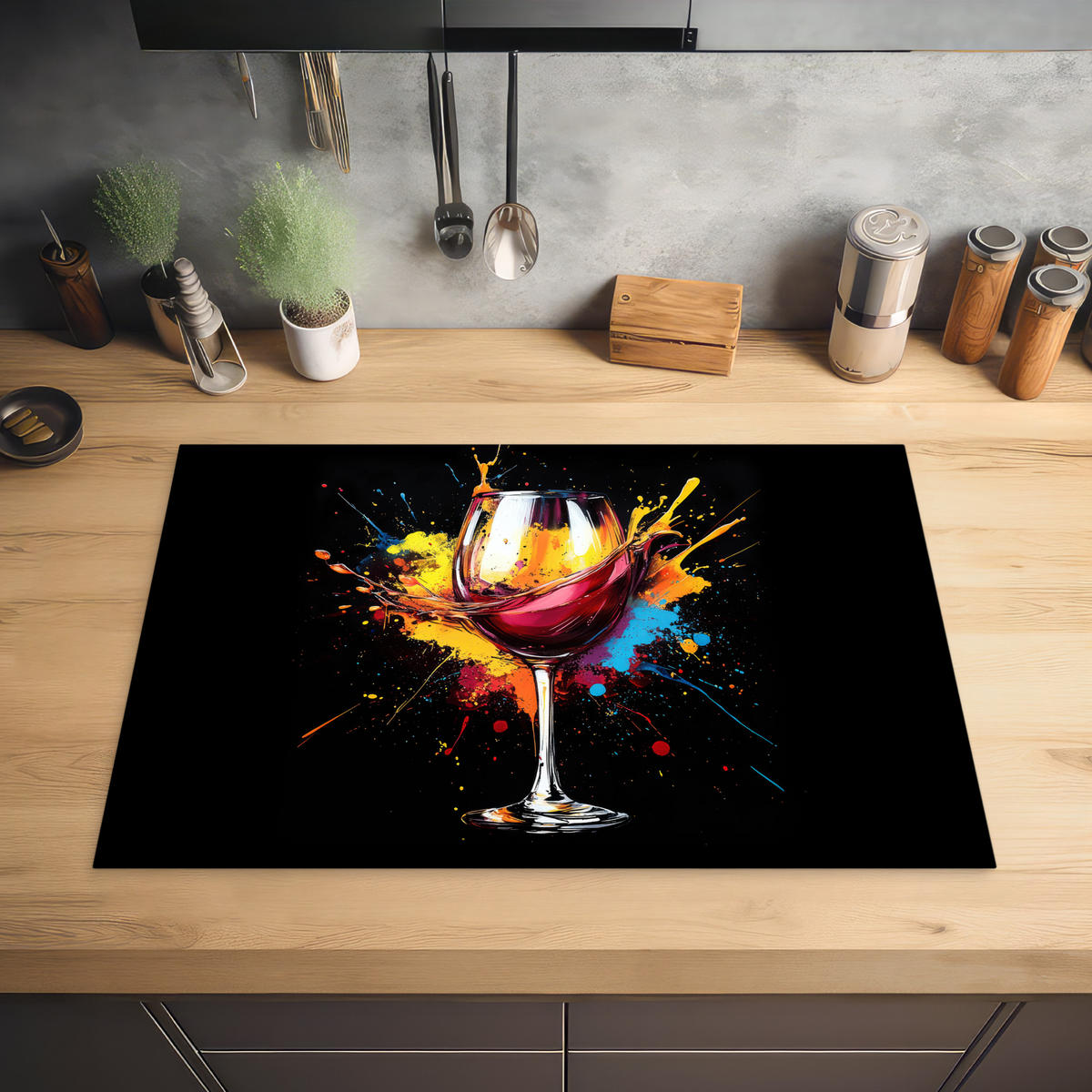 HERABDECKPLATTE - Wein - Glas - Graffiti - Getränk - Rot - Farbe - 74x48 - Weinrot, Kunststoff (74/48/0.2cm) - MuchoWow
